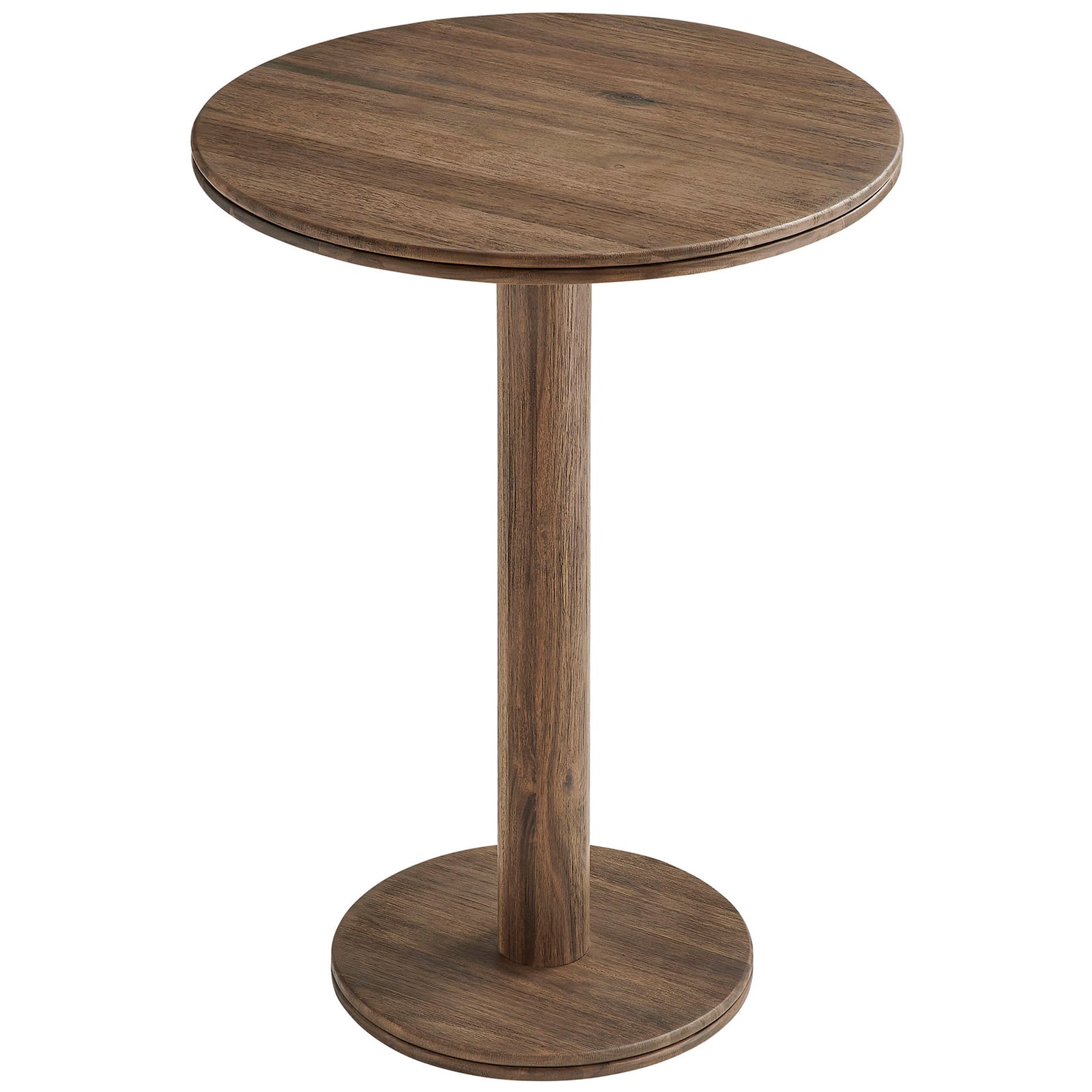 Warm brown round bar table showcasing slim pedestal column and compact circular base. || EEI-7585-COA || front_angle_studio