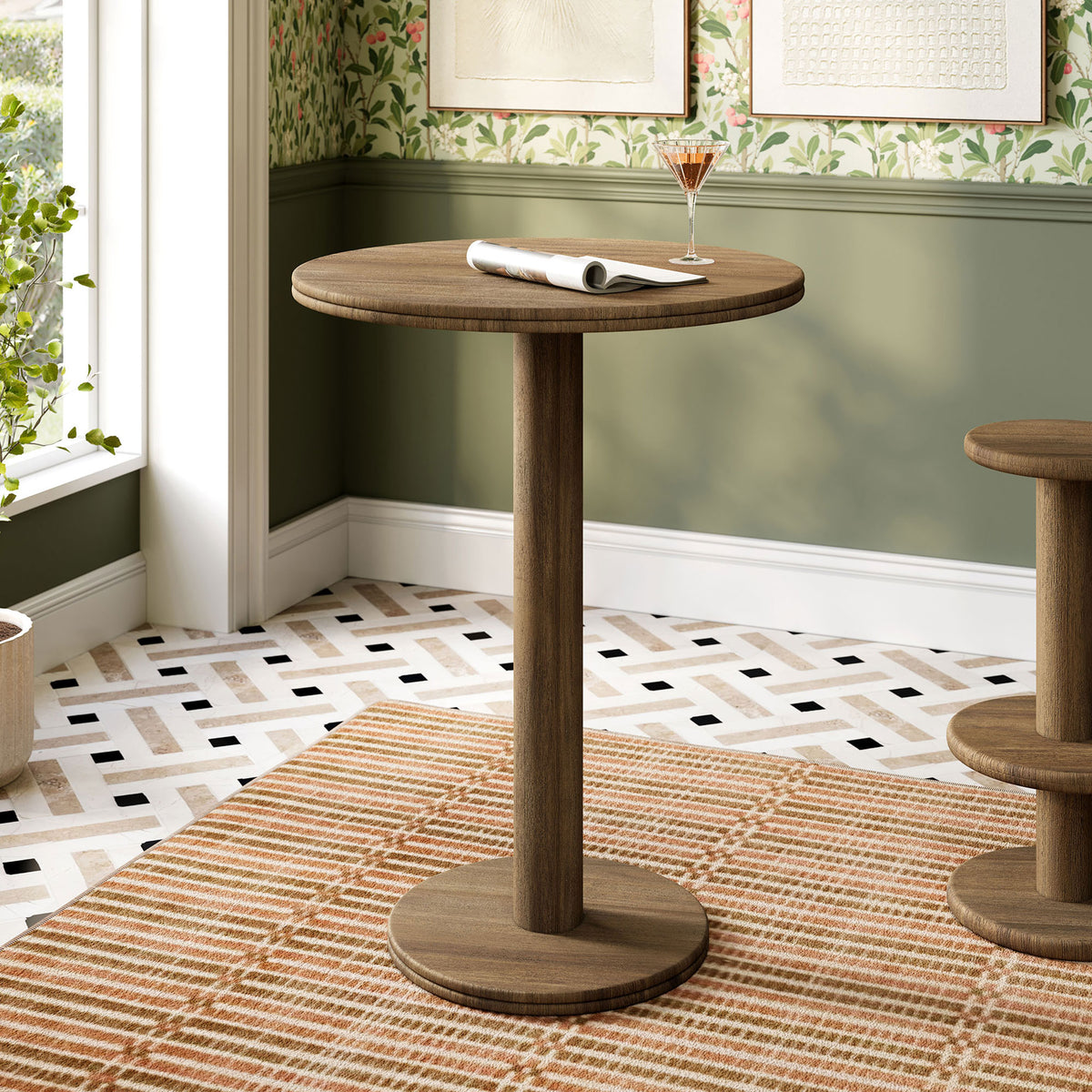 Cocoa brown indoor outdoor bar table with clean pedestal base bringing organic warmth to dining nook. || EEI-7585-COA || front_angle_room