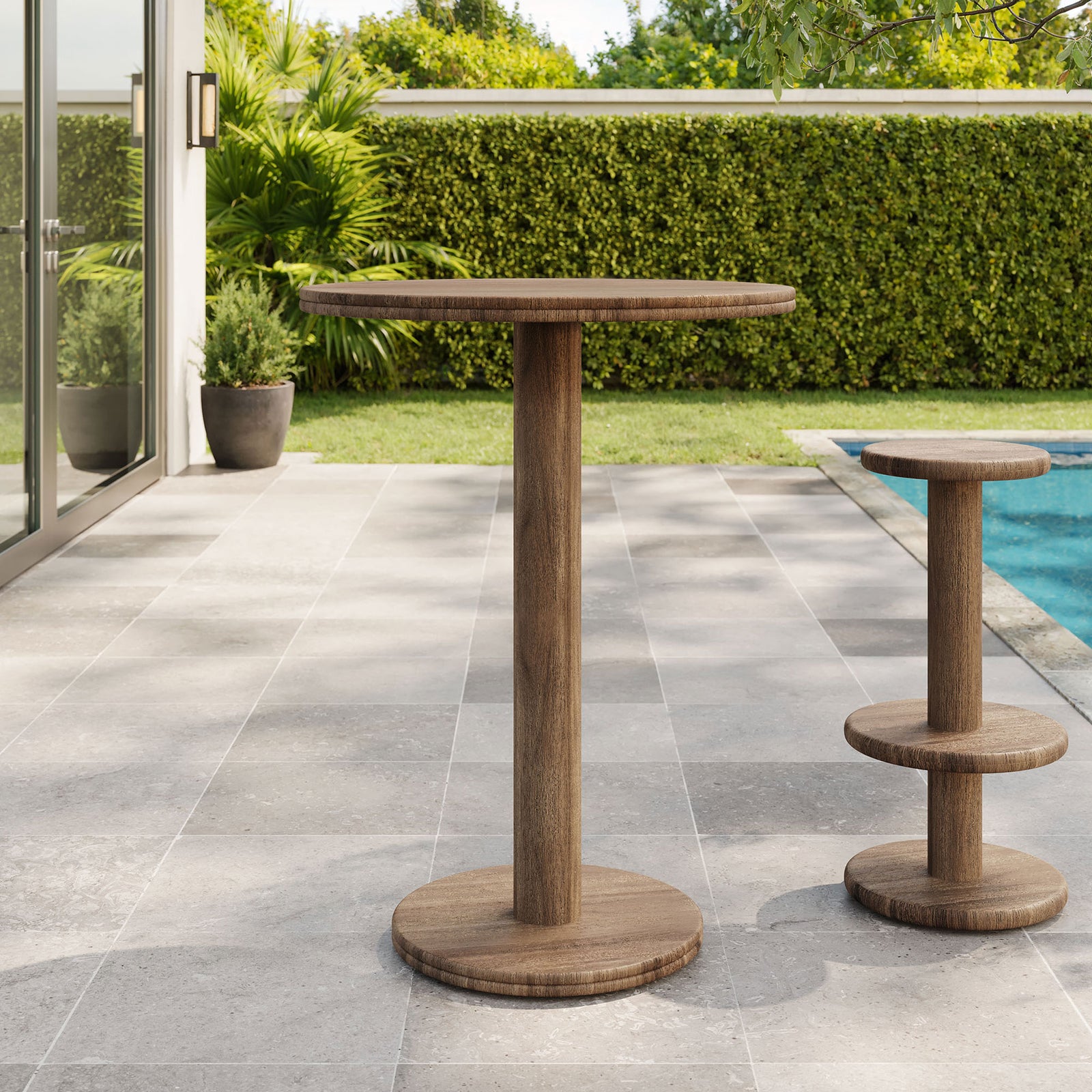 Cocoa brown acacia bar table on patio with matching pedestal stool, perfect for casual poolside gatherings. || EEI-7585-COA || front_angle_room