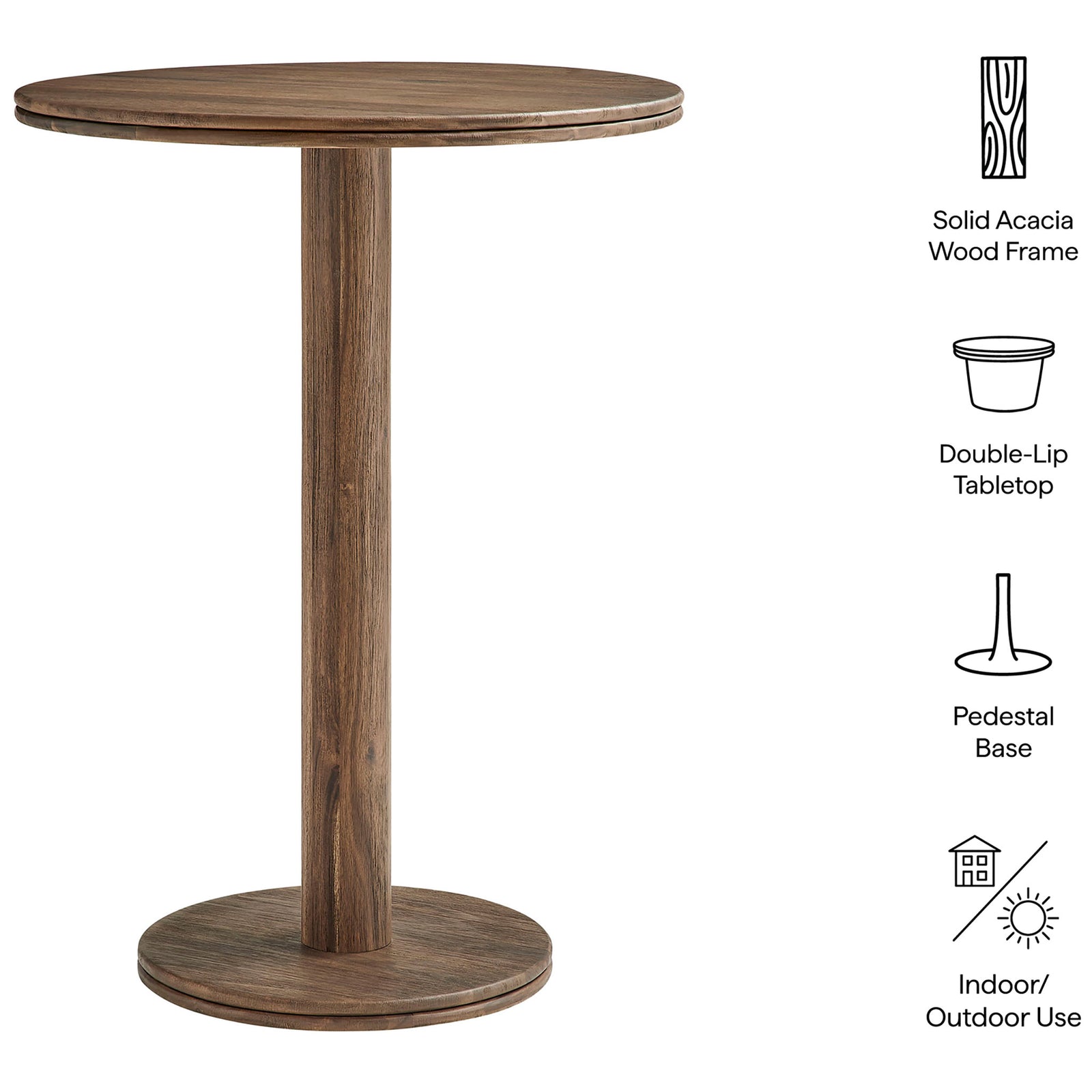 Feature graphic of cocoa brown round bar table highlighting solid acacia frame, double-lip edge, and pedestal base. || EEI-7585-COA || callout_studio
