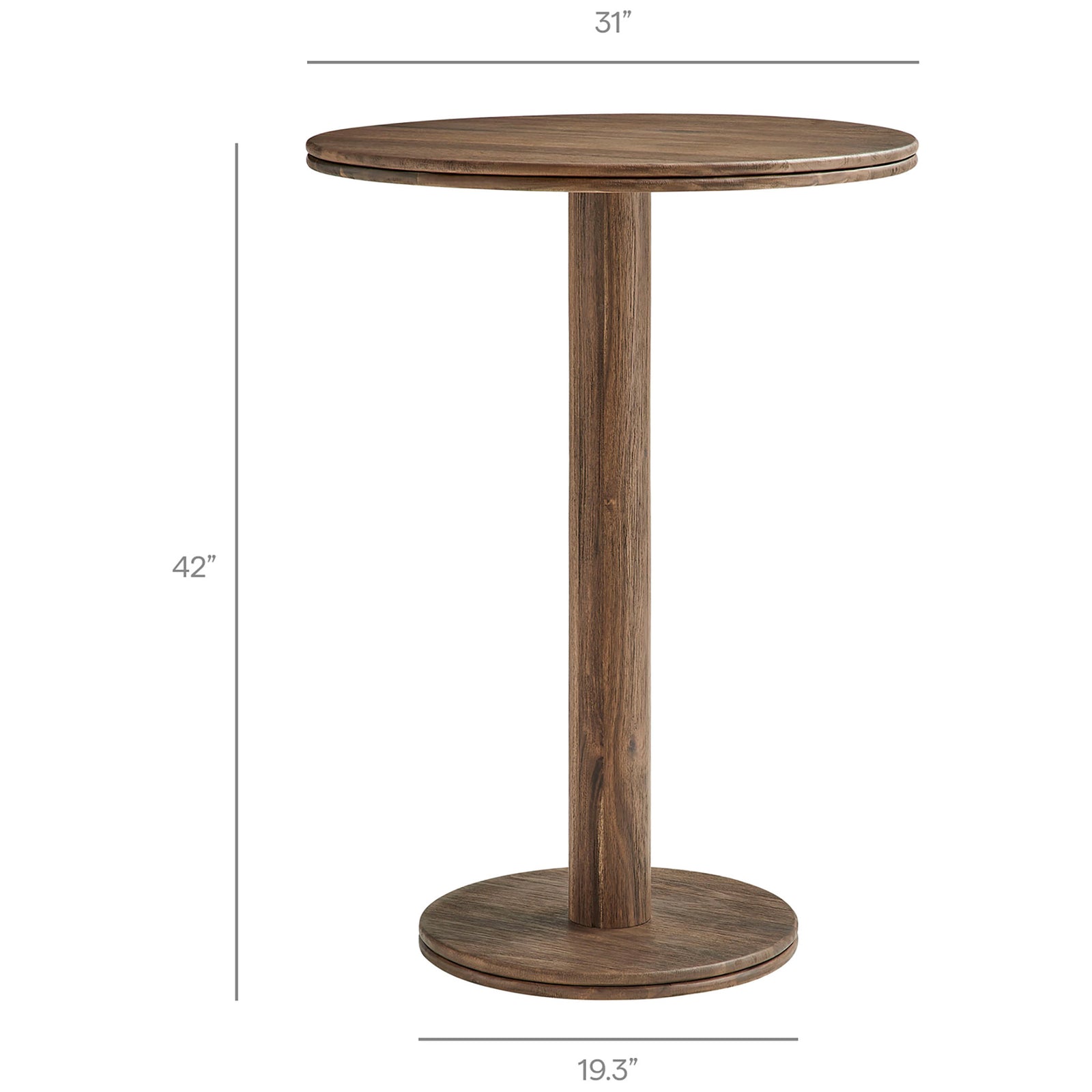 Dimension diagram of cocoa brown round bar table showing 31 inch top, 19.3 inch base, and 42 inch height. || EEI-7585-COA || dimension_studio