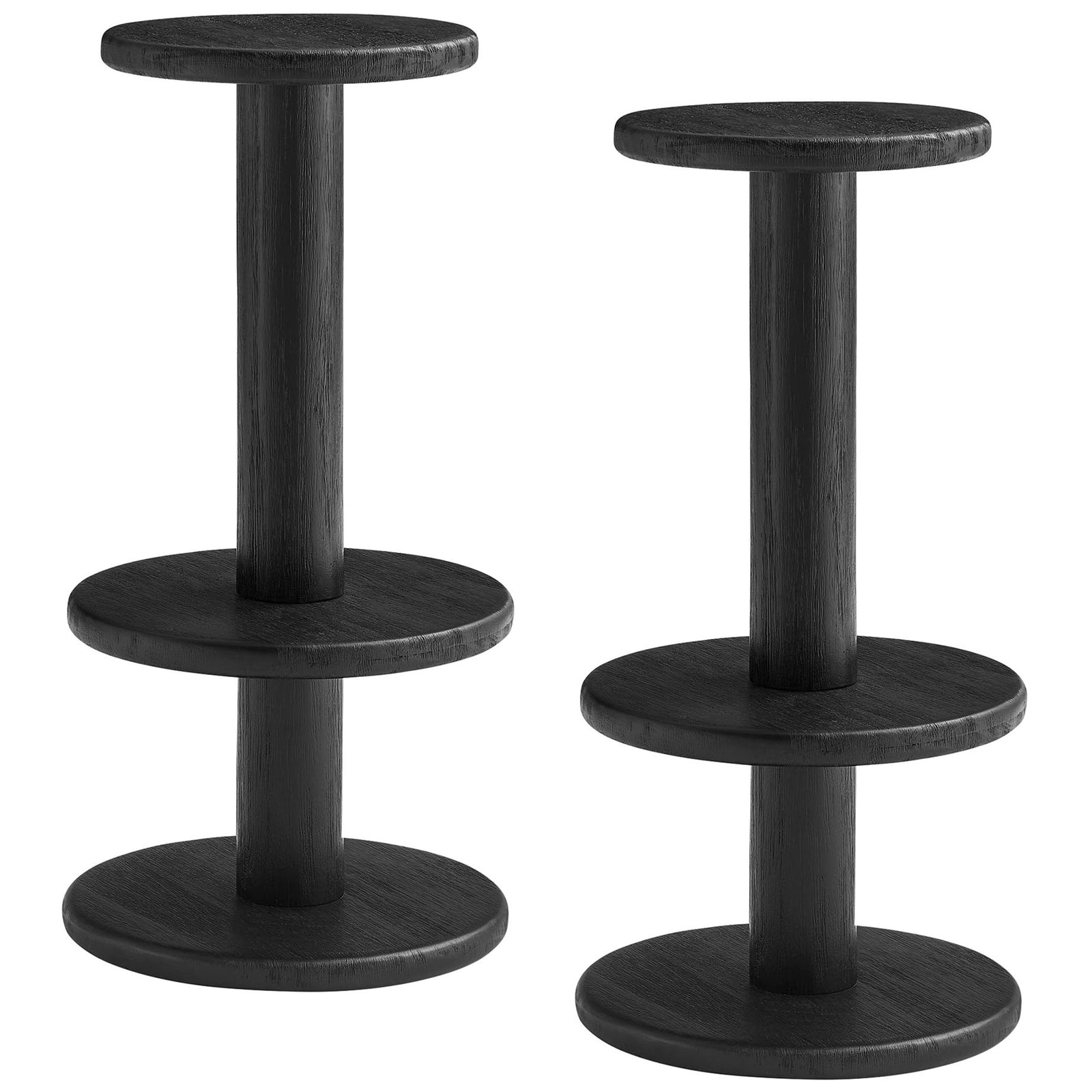 Pair of black acacia bar stools with round seats and wraparound pedestal footrests || EEI-7586-BLK || front_angle_multi_studio