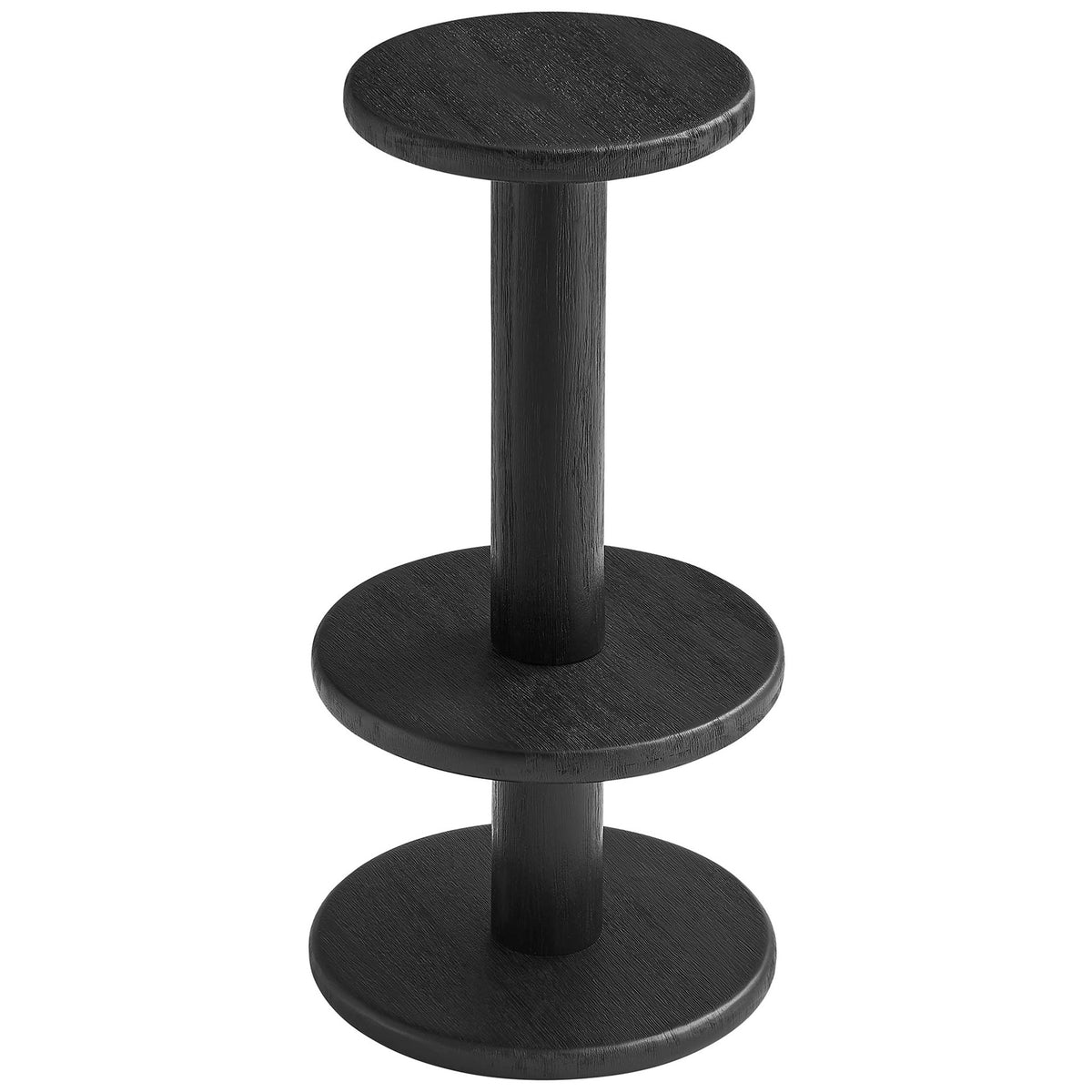 Black bar stool in solid acacia wood with round seat and double-tier wraparound footrest || EEI-7586-BLK || front_angle_studio
