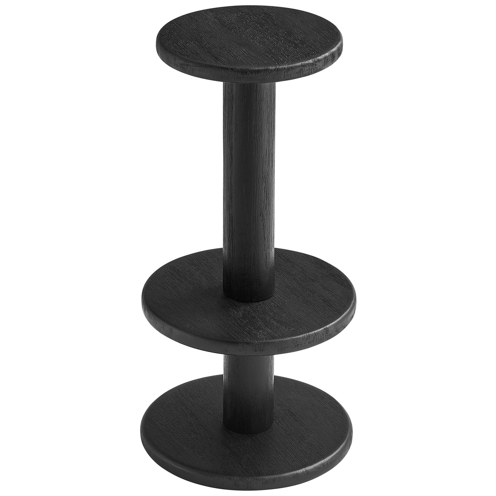 Black bar stool in solid acacia wood with round seat and double-tier wraparound footrest || EEI-7586-BLK || front_angle_studio