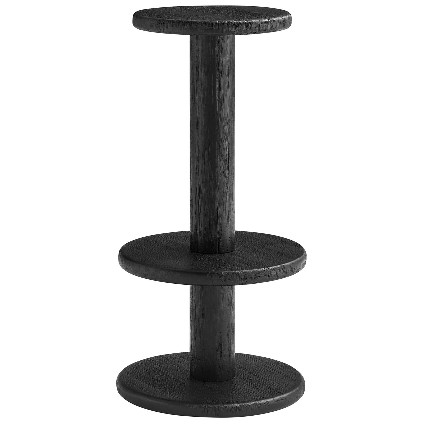 Black acacia wood bar stool with round seat, pedestal base, and wraparound footrest || EEI-7586-BLK || front_studio