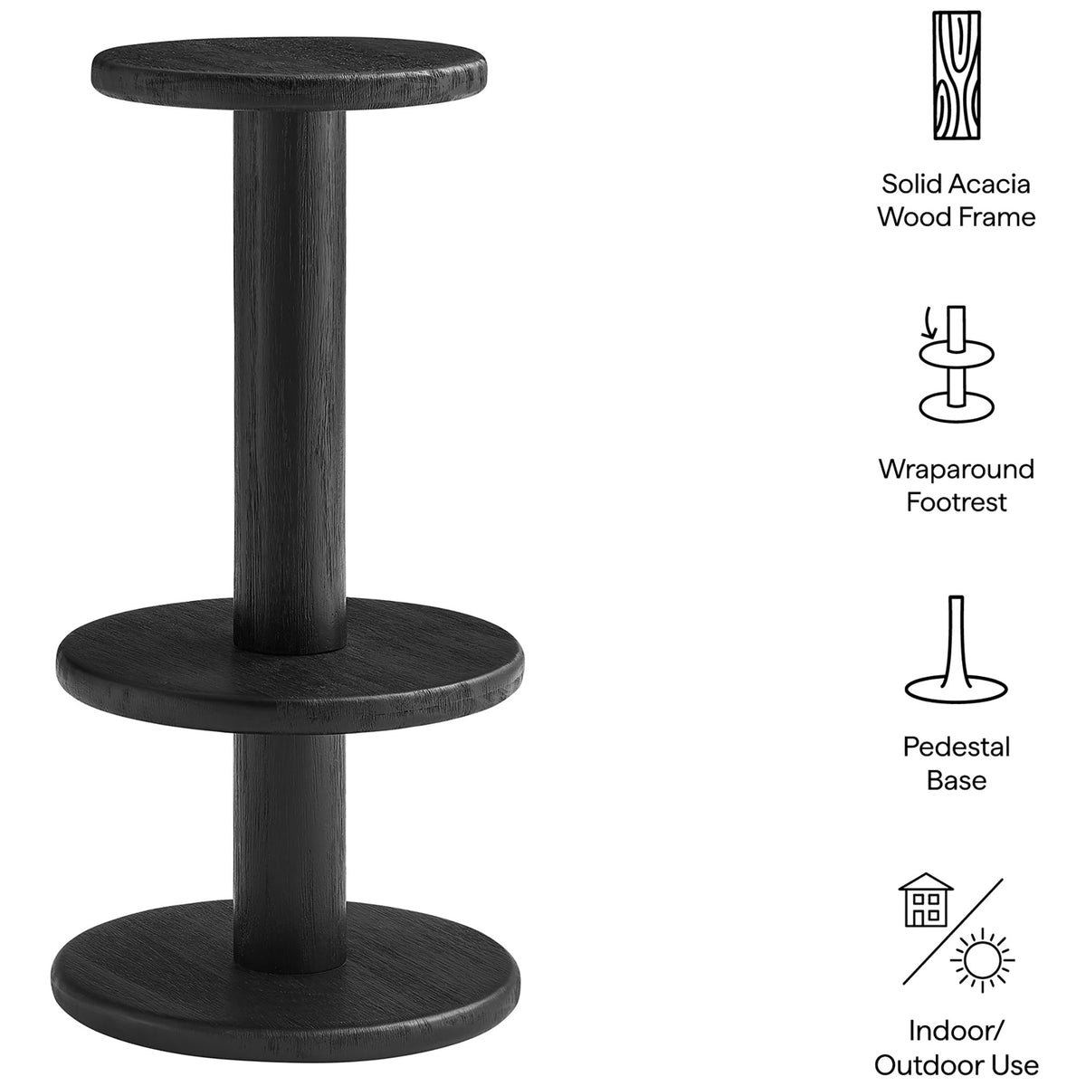 Black acacia bar stool with wraparound footrest and icons highlighting indoor outdoor use || EEI-7586-BLK || callout_studio