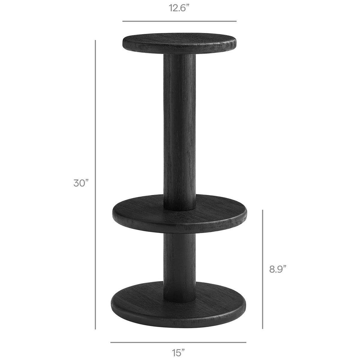 Black acacia bar stool with wraparound footrest and marked height and seat diameter || EEI-7586-BLK || dimension_studio