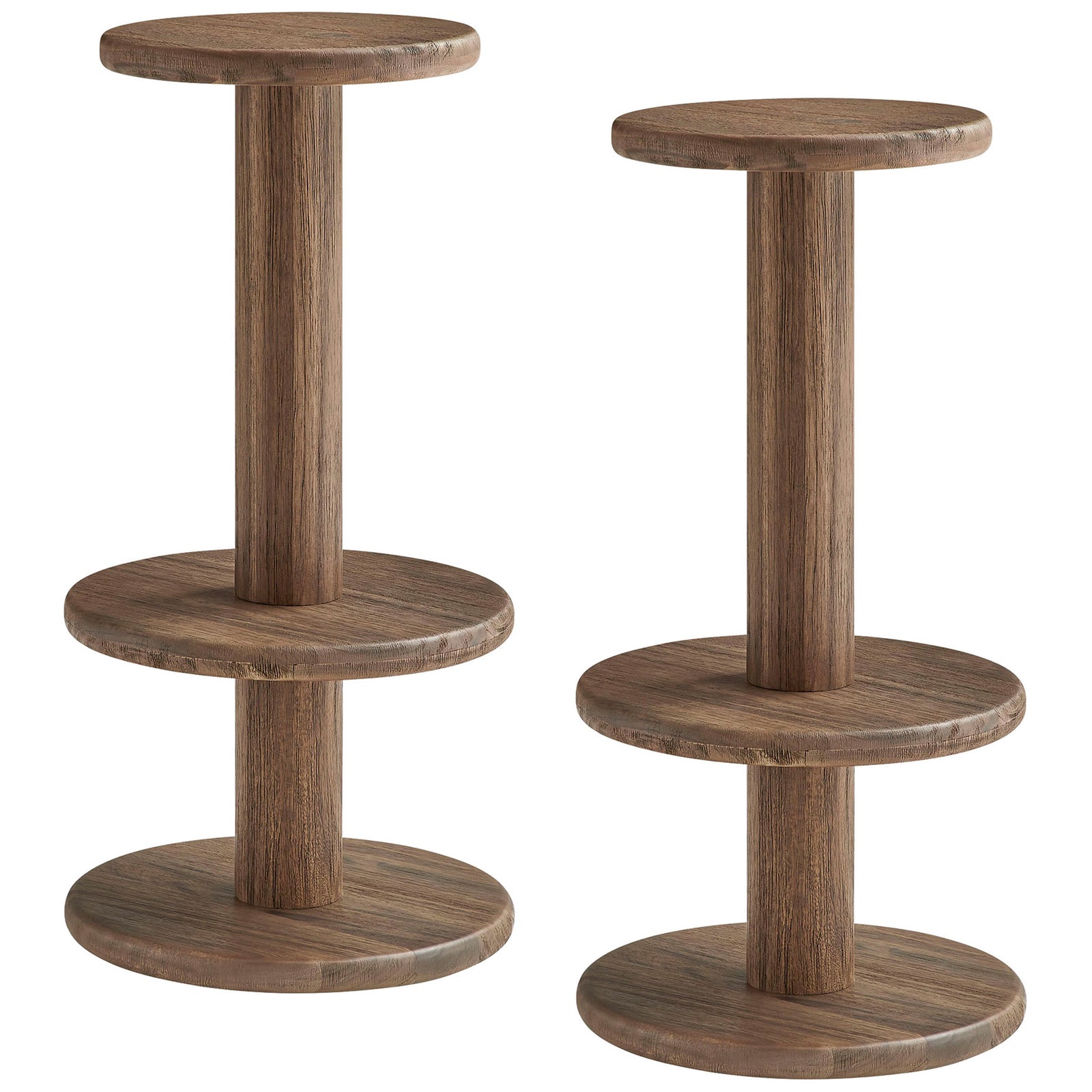 Pair of cocoa brown acacia bar stools with round seats and wraparound pedestal footrests || EEI-7586-COA || front_angle_multi_studio