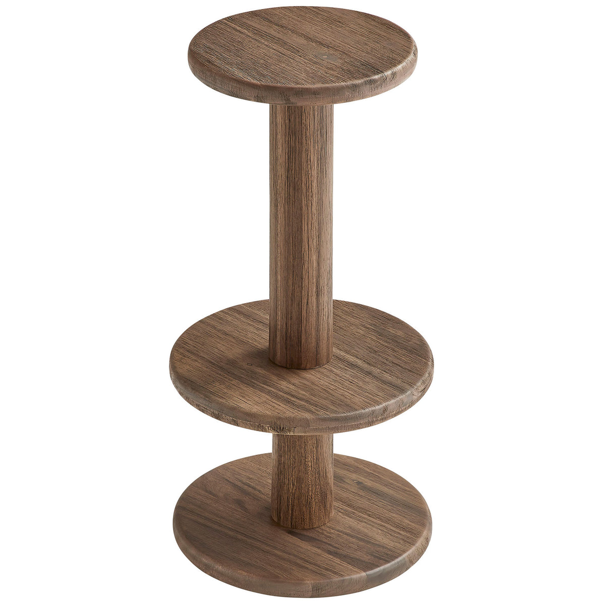 Cocoa brown bar stool in solid acacia wood with round seat and double-tier wraparound footrest || EEI-7586-COA || front_angle_studio