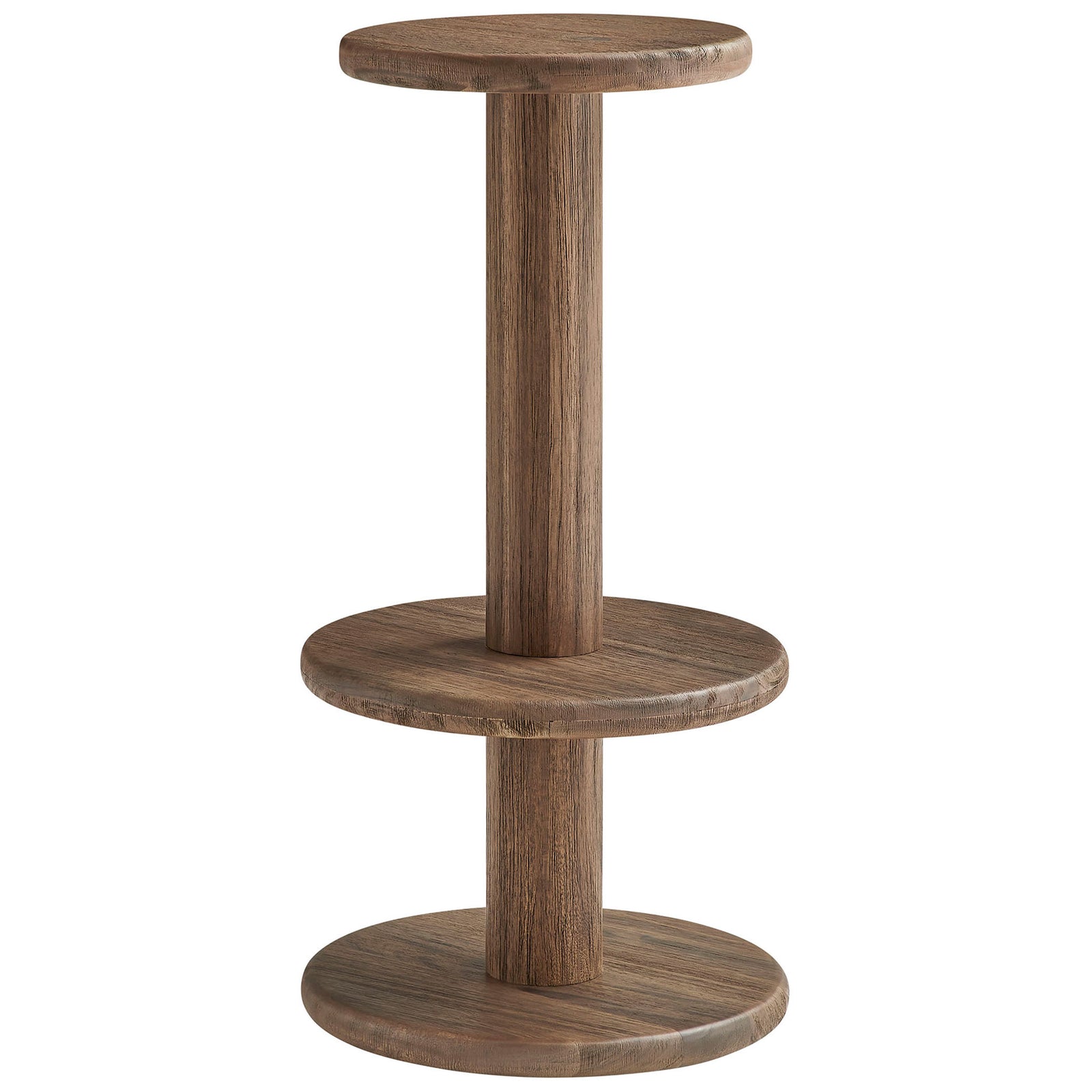 Cocoa brown acacia bar stool with round seat, pedestal base, and wraparound footrest || EEI-7586-COA || front_studio