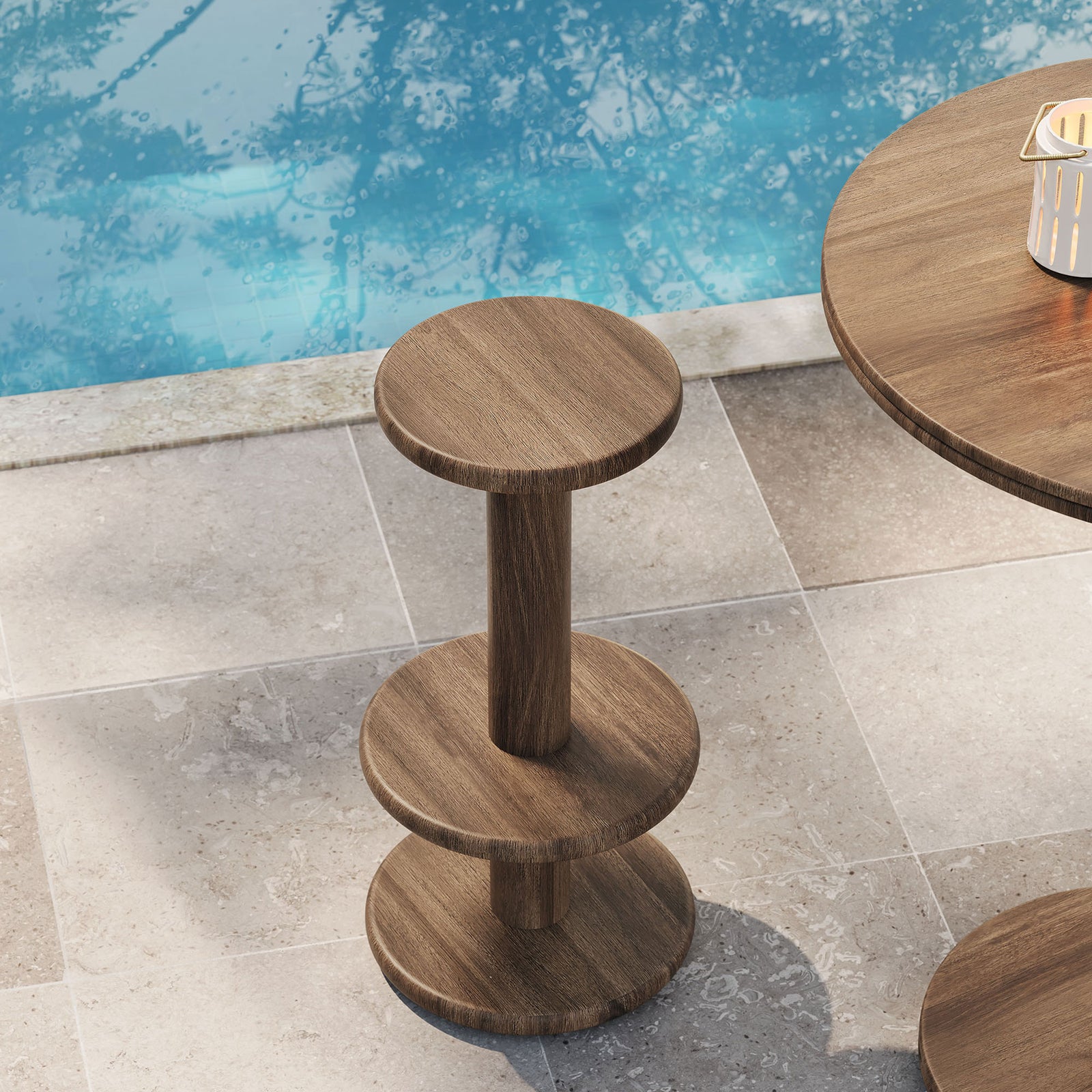 Cocoa brown acacia bar stool on a stone patio beside a swimming pool for outdoor entertaining || EEI-7586-COA || front_angle_room