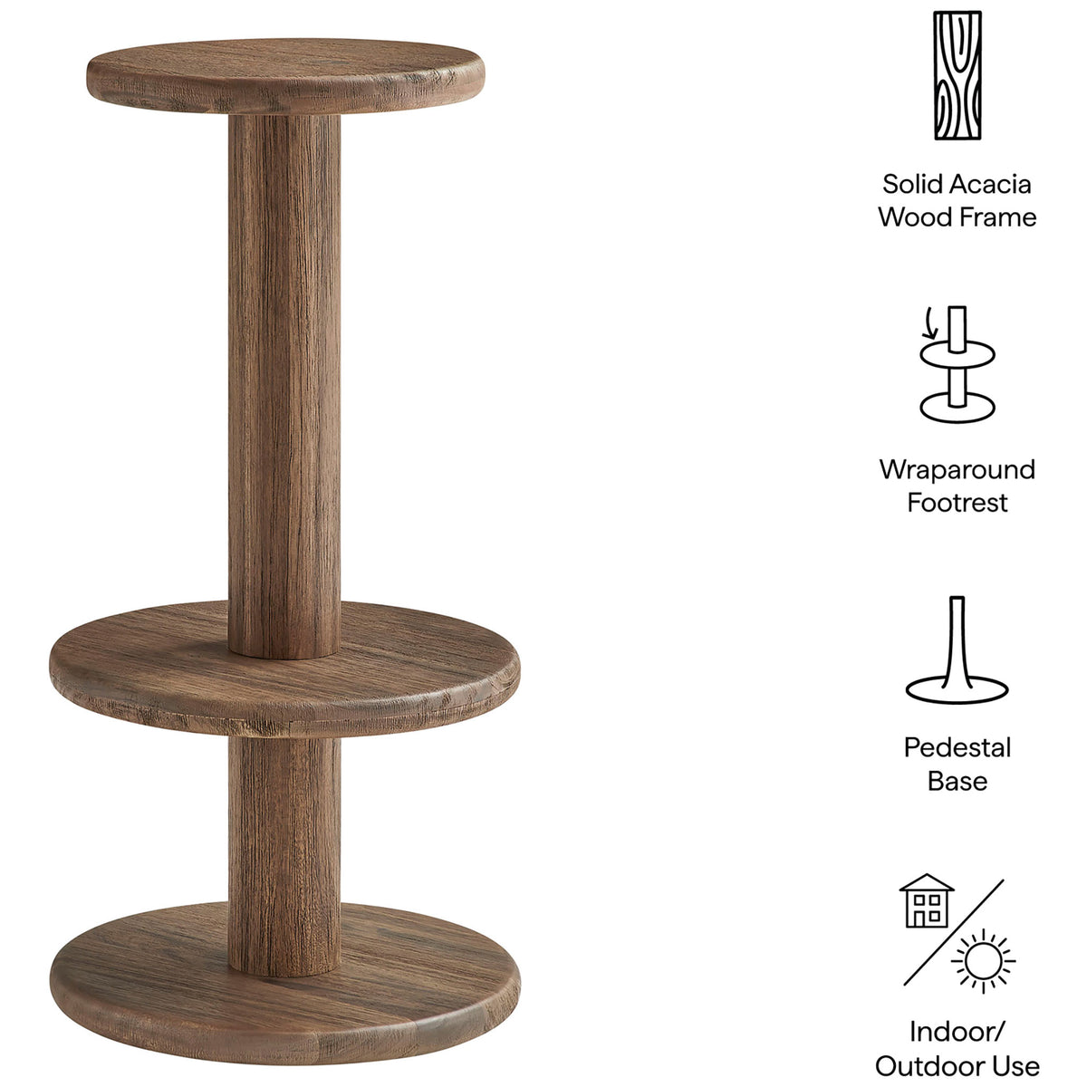 Cocoa brown acacia bar stool with wraparound footrest and icons highlighting indoor outdoor use || EEI-7586-COA || callout_studio