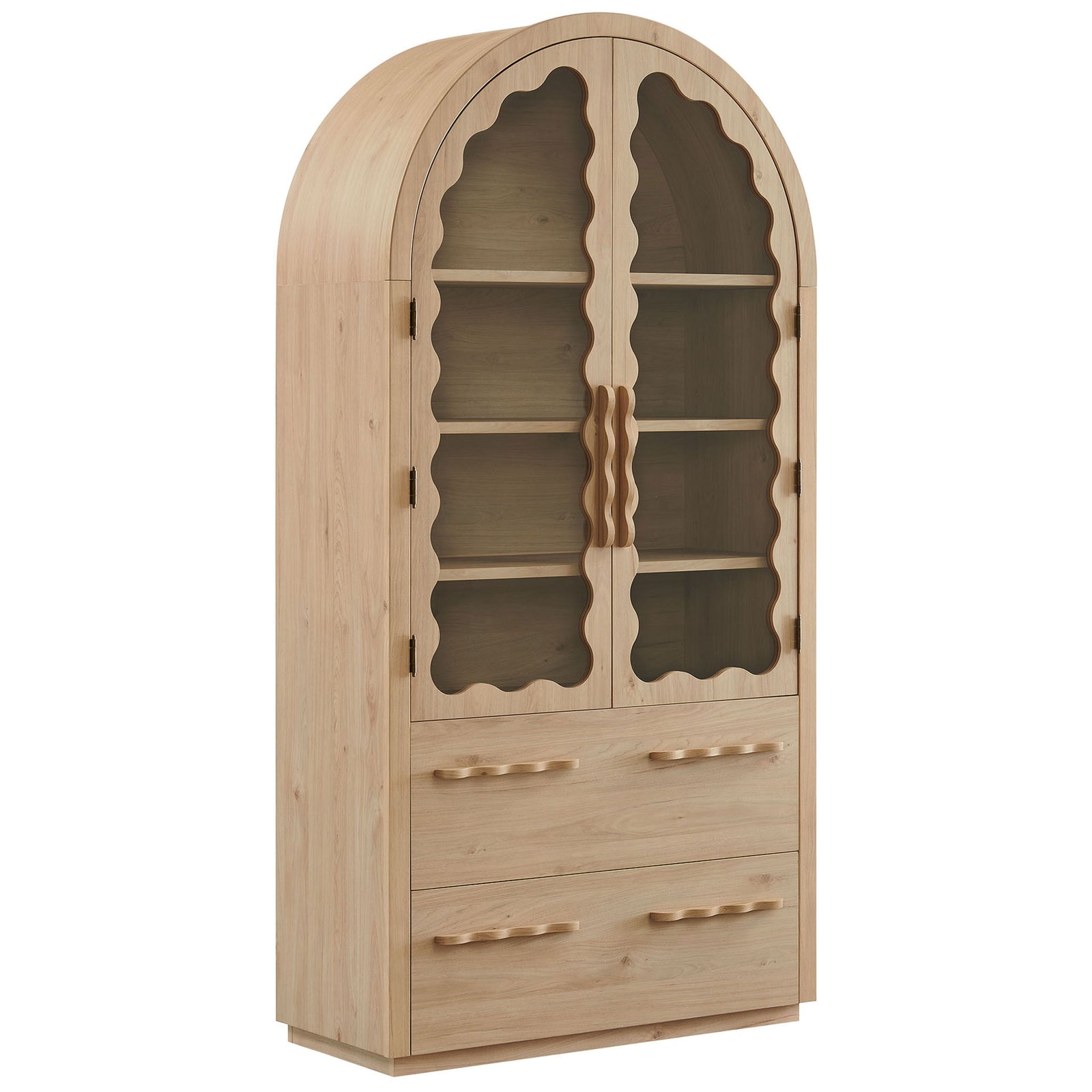 Light oak arched pantry cabinet with scalloped glass doors and two deep storage drawers || EEI-7589-LOA || front_angle_studio