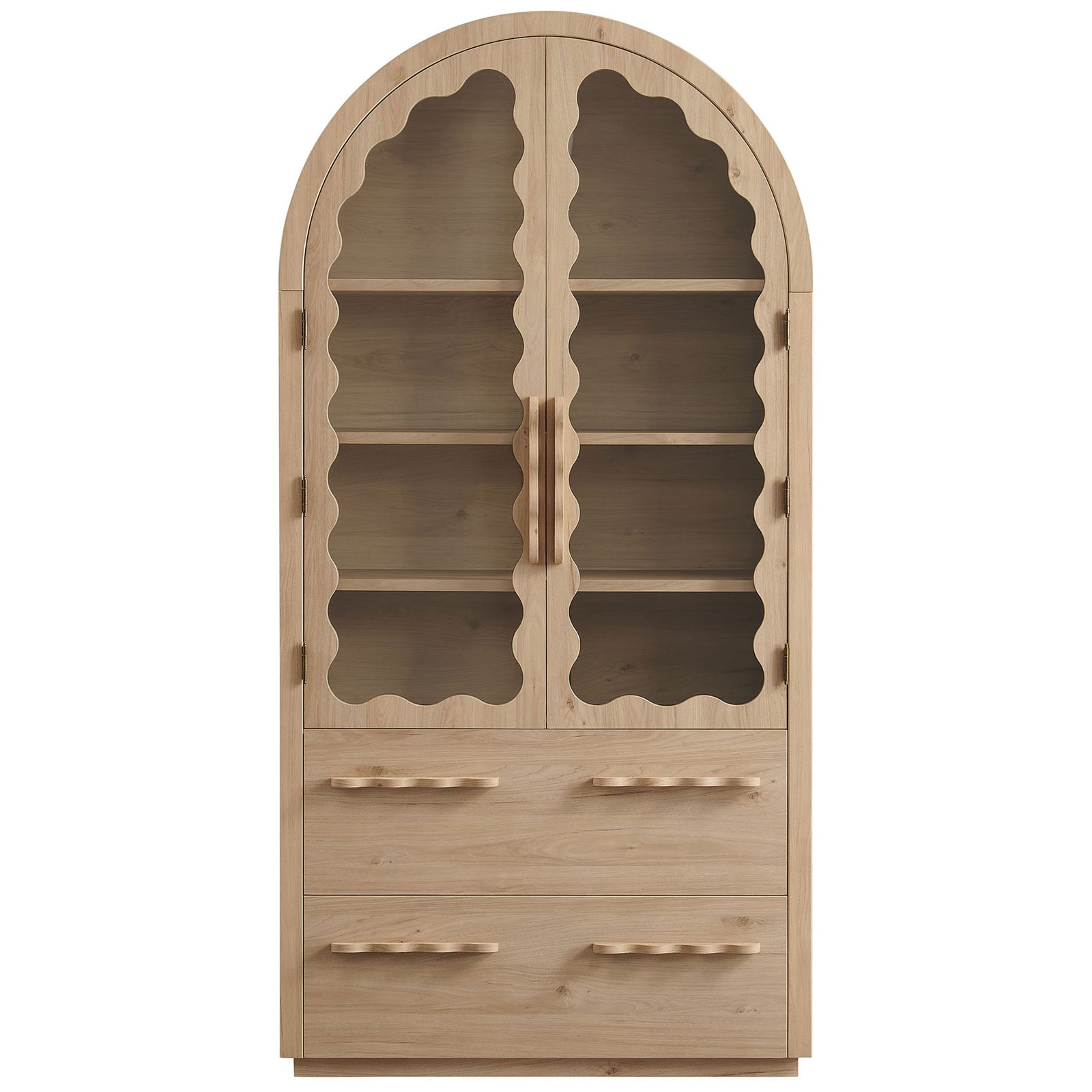 Tall light oak display cabinet with arched top, scalloped glass panels, and sculpted handles || EEI-7589-LOA || front_studio