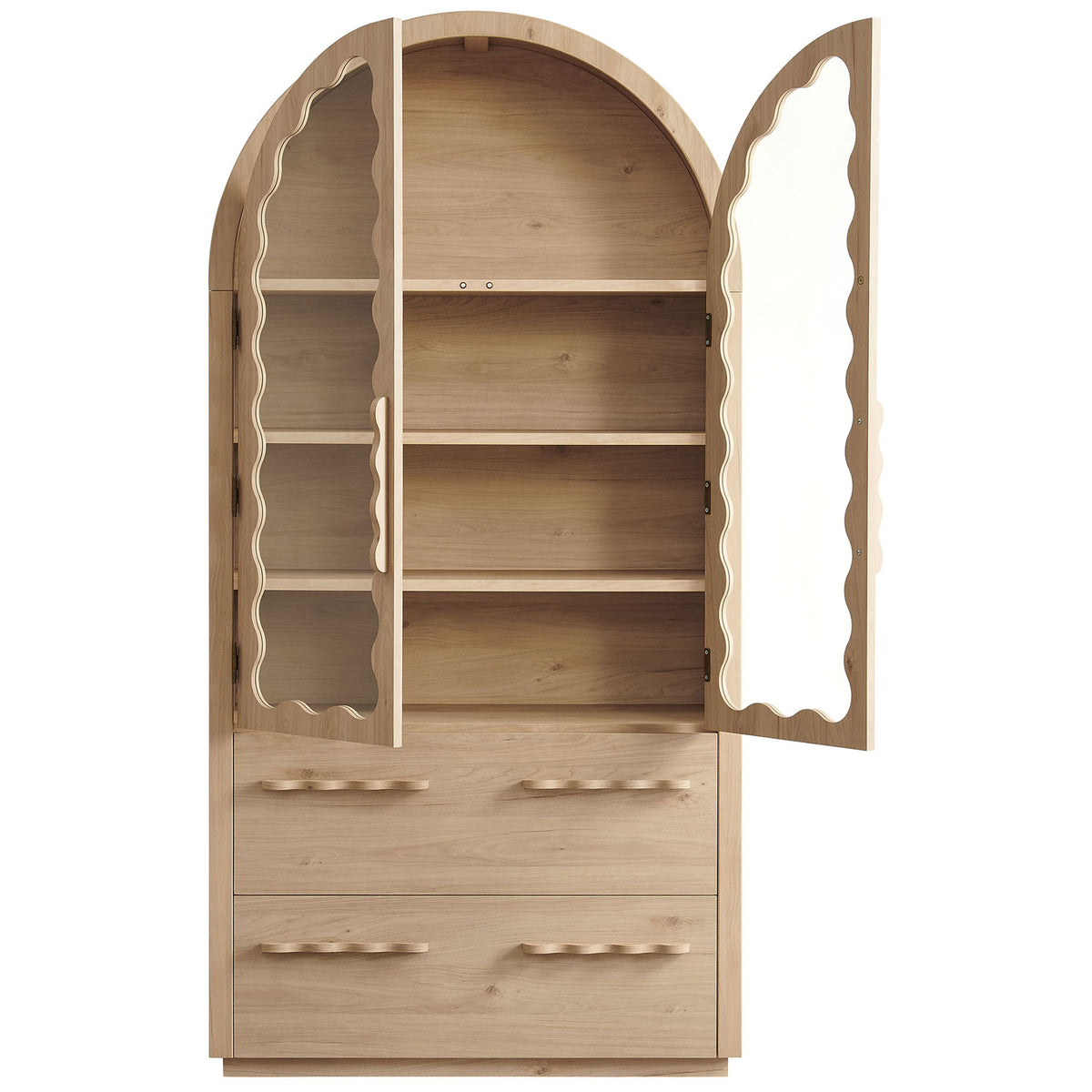 Light oak cabinet with arched glass doors open to reveal adjustable shelves and spacious interior || EEI-7589-LOA || front_open_studio