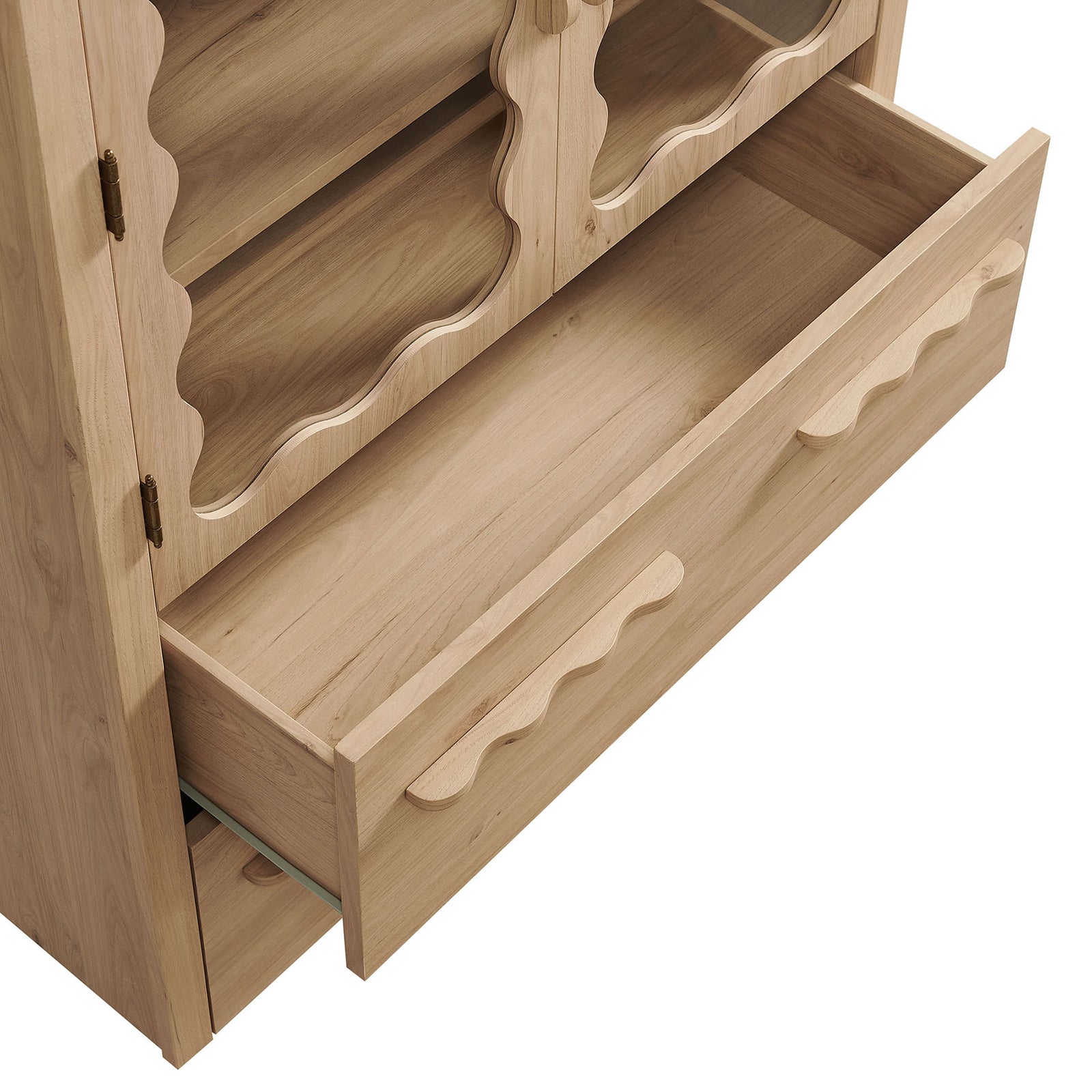 Lower drawer of the light oak cabinet open to show generous storage space || EEI-7589-LOA || storage_open_studio