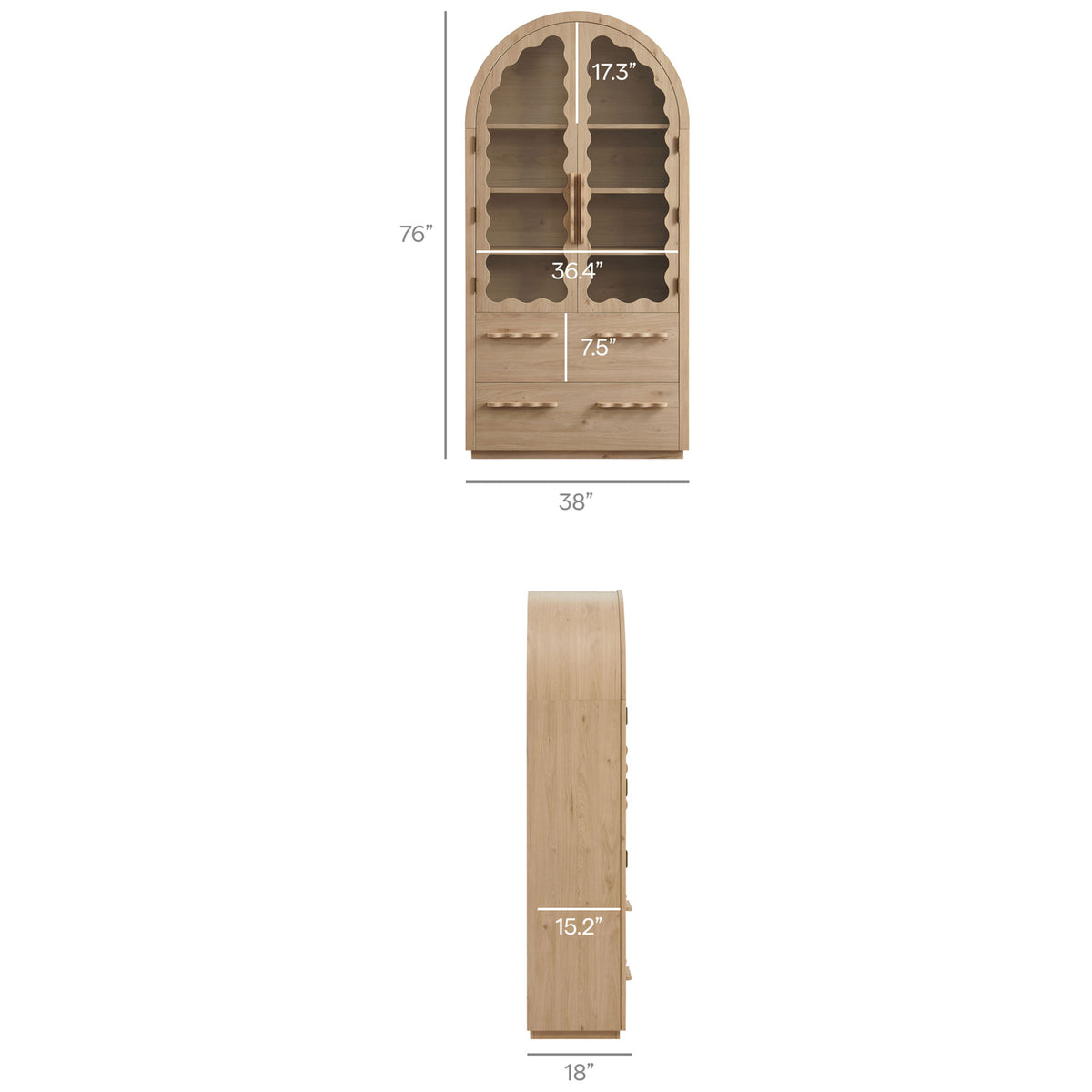 Dimension diagram of the Rory arched cabinet showing overall height, width, depth, and shelf spacing || EEI-7589-LOA || dimension_studio