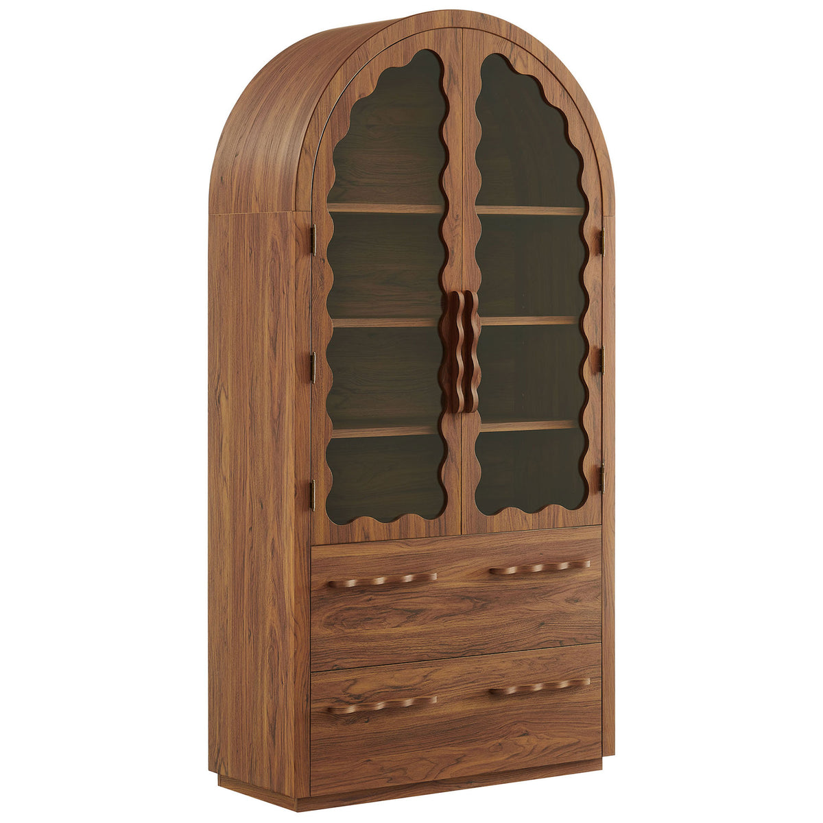 Walnut arched pantry cabinet with scalloped glass doors and twin lower storage drawers || EEI-7589-WAL || front_angle_studio