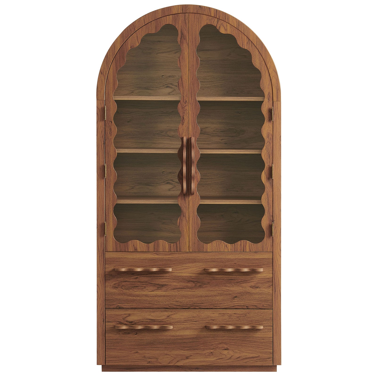 Tall walnut display cabinet with rounded arch, scalloped glass panels, and sculpted handles || EEI-7589-WAL || front_studio