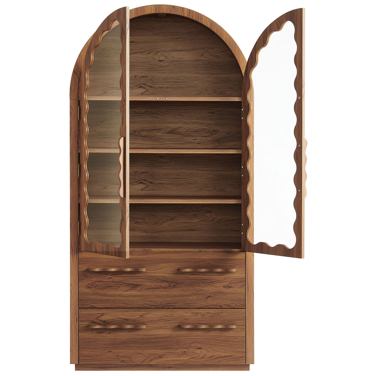 Walnut cabinet with arched glass doors open to reveal adjustable shelves and generous storage || EEI-7589-WAL || front_open_studio