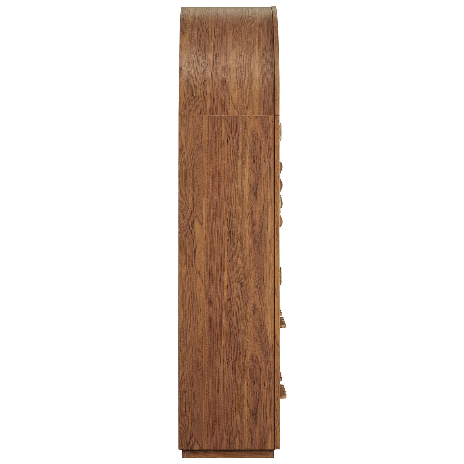 Walnut arch cabinet highlighting the smooth curved top and rich wood grain pattern || EEI-7589-WAL || side_studio