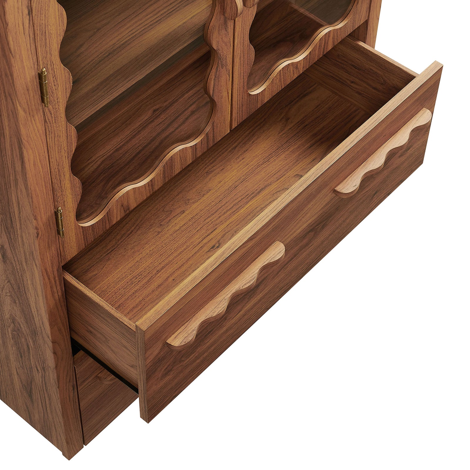 Lower drawer of the walnut cabinet open to show spacious storage capacity || EEI-7589-WAL || storage_open_studio