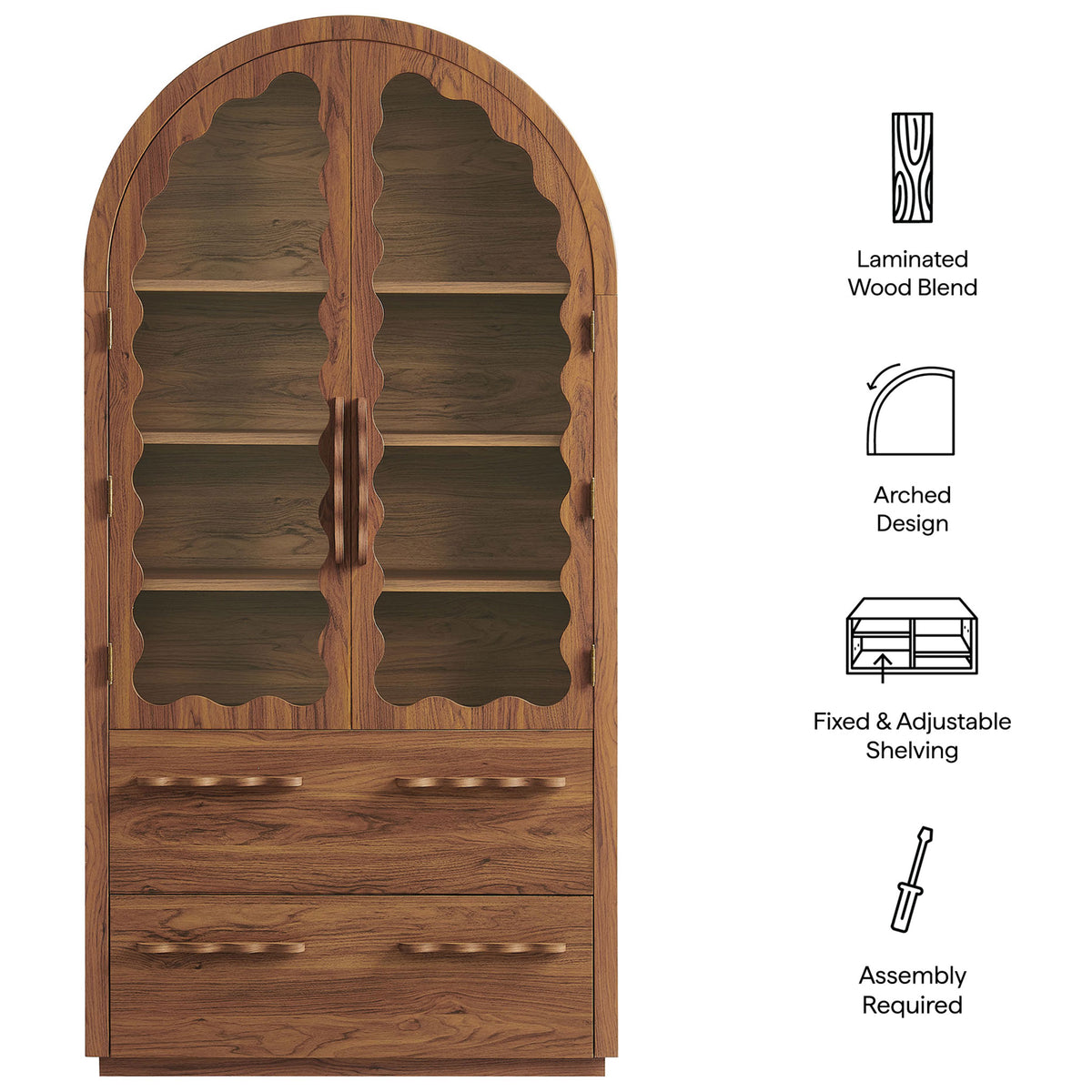 Walnut Rory arch cabinet beside icons highlighting laminated wood and adjustable shelving || EEI-7589-WAL || callout_studio
