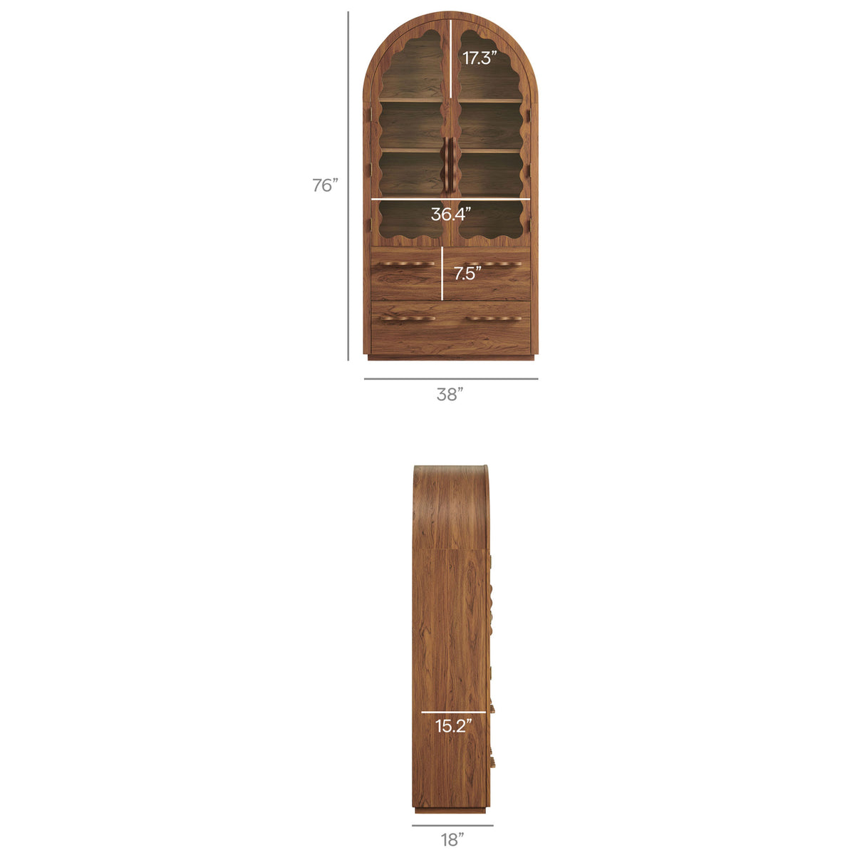 Dimension diagram of the Rory arched cabinet showing height, width, depth, and inner spacing || EEI-7589-WAL || dimension_studio