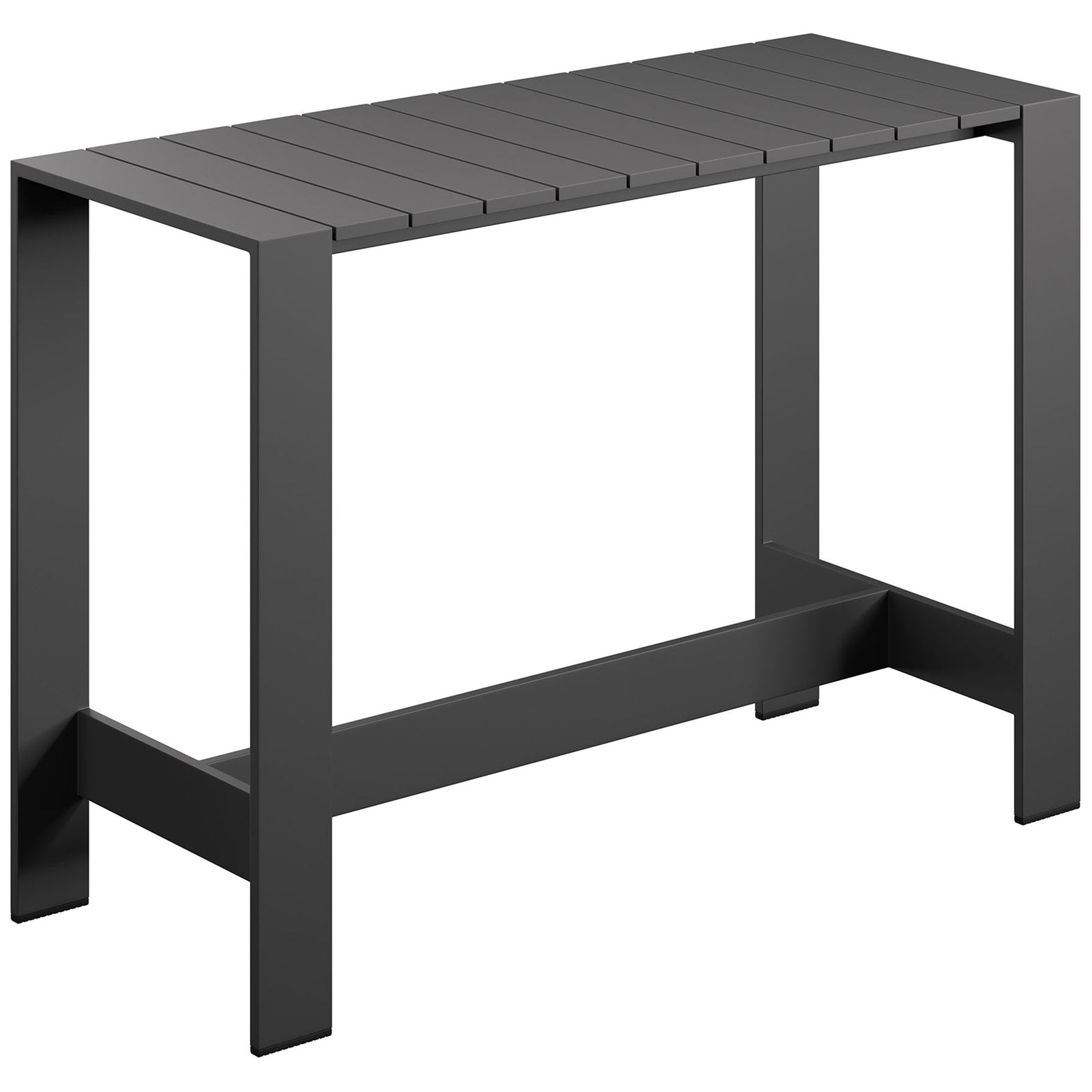 Gray aluminum rectangle bar table with slatted top and clean modern silhouette || EEI-7593-GRY || front_angle_studio