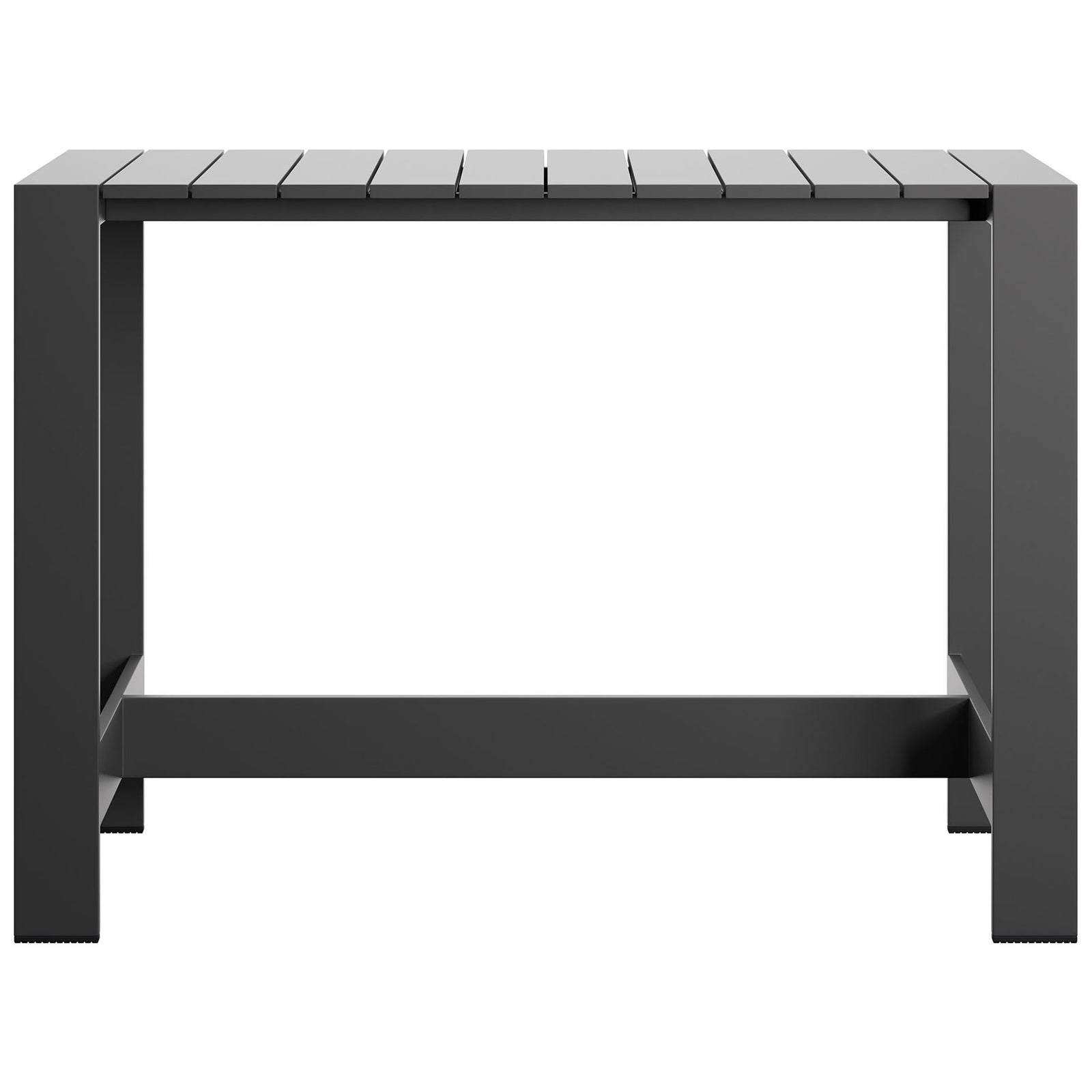 Straight-on view of gray outdoor bar table highlighting the slatted aluminum tabletop || EEI-7593-GRY || front_studio