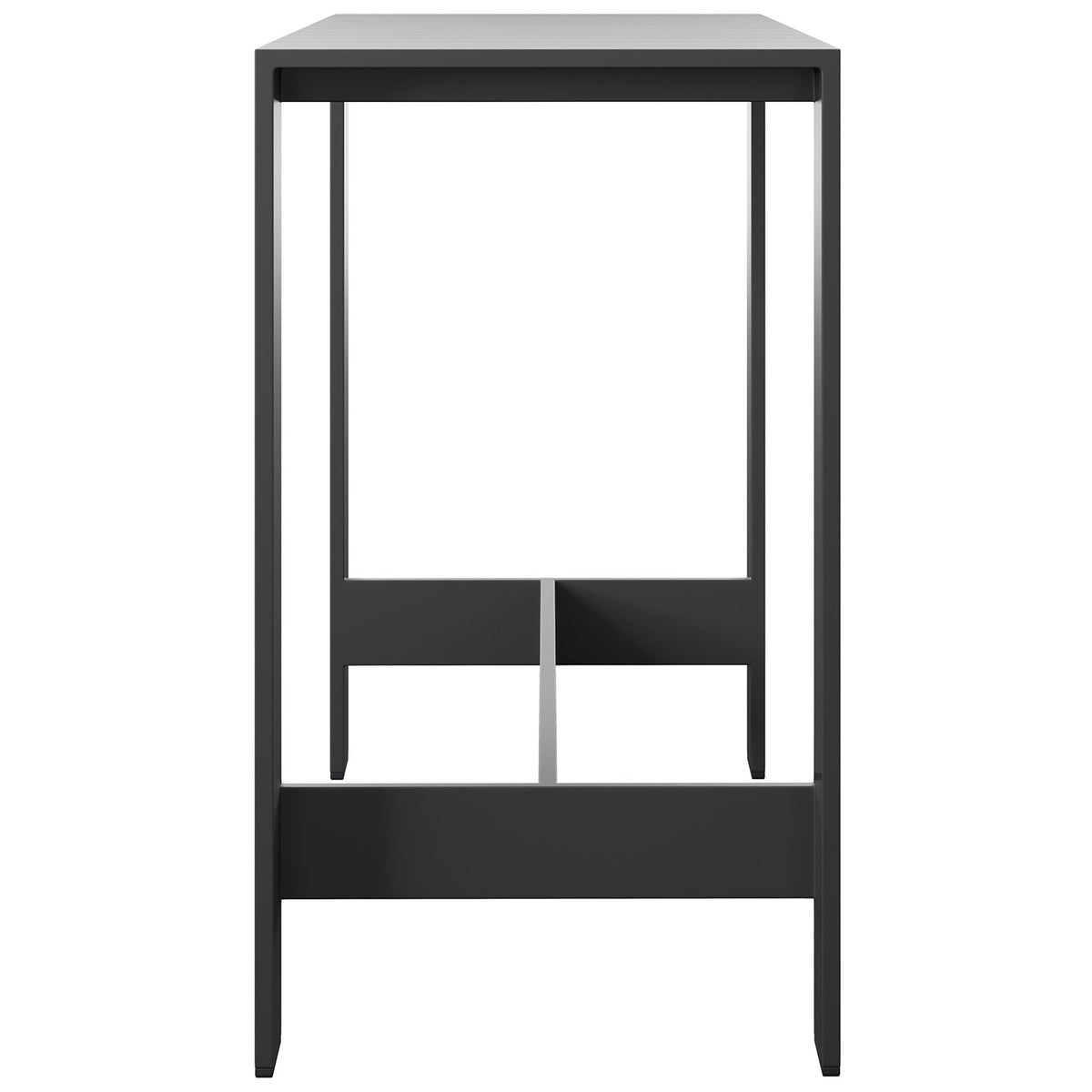 Side profile of slim gray aluminum bar table with sturdy footrest support bar || EEI-7593-GRY || side_studio