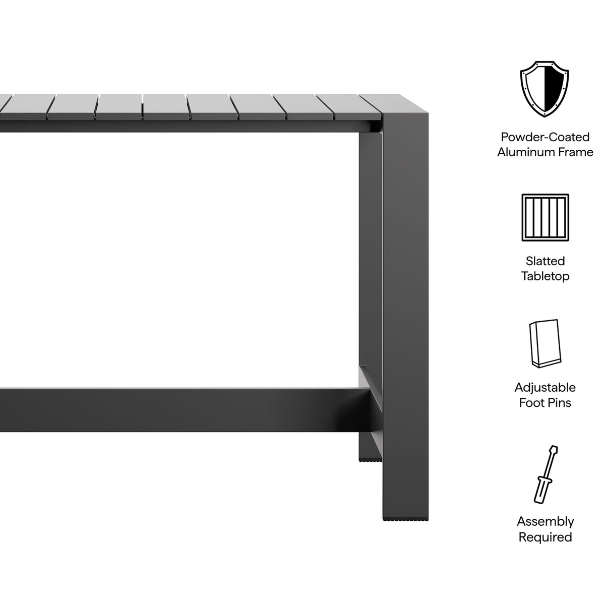 Gray aluminum bar table with slatted top shown alongside icons calling out key product features || EEI-7593-GRY || callout_studio