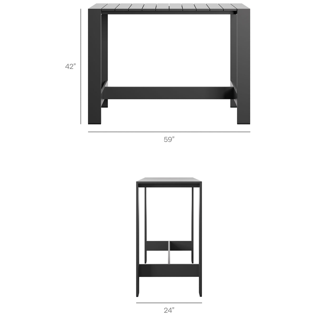 Dimension diagram of gray Tahoe bar table showing 59 inch width, 24 inch depth, and 42 inch height || EEI-7593-GRY || dimension_studio