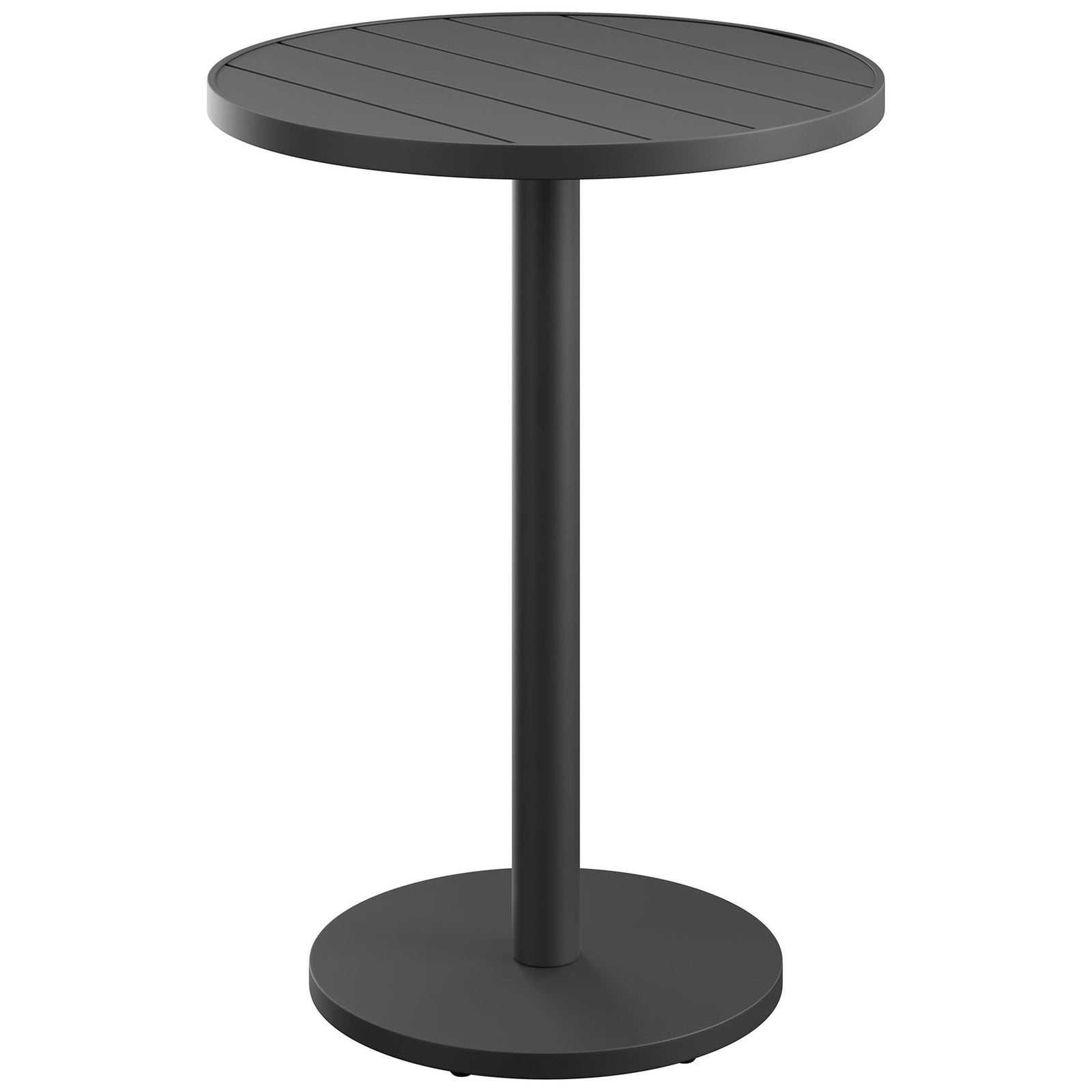 Gray round aluminum bar table with slatted top and pedestal base for modern outdoor spaces || EEI-7594-GRY || front_angle_studio