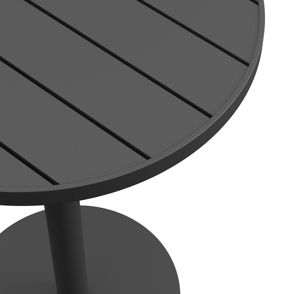 Close-up of Tahoe round bar table showing powder-coated slatted tabletop and rounded rim || EEI-7594-GRY || detail_studio