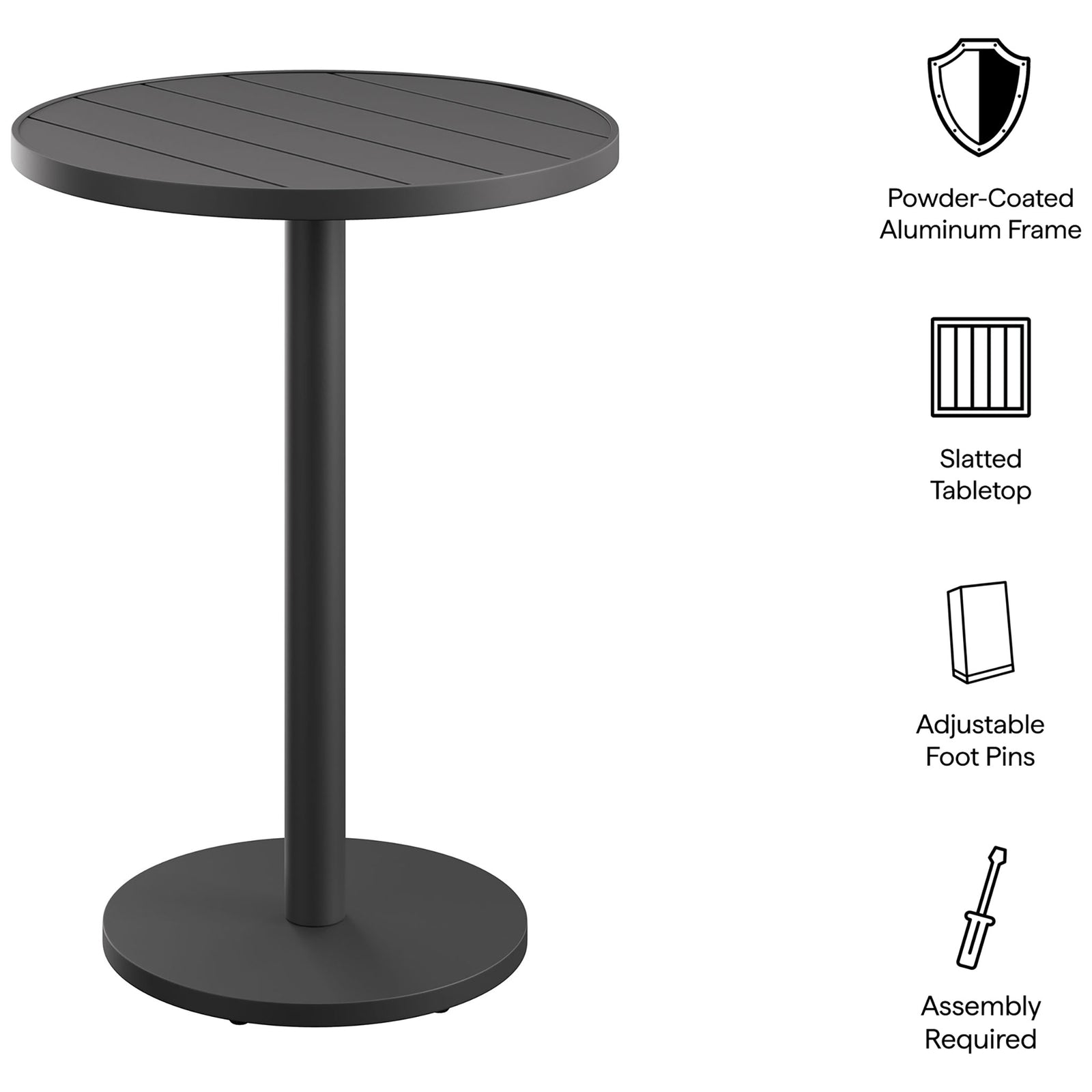 Round gray aluminum bar table with slatted top shown with icons highlighting frame and assembly details || EEI-7594-GRY || callout_studio