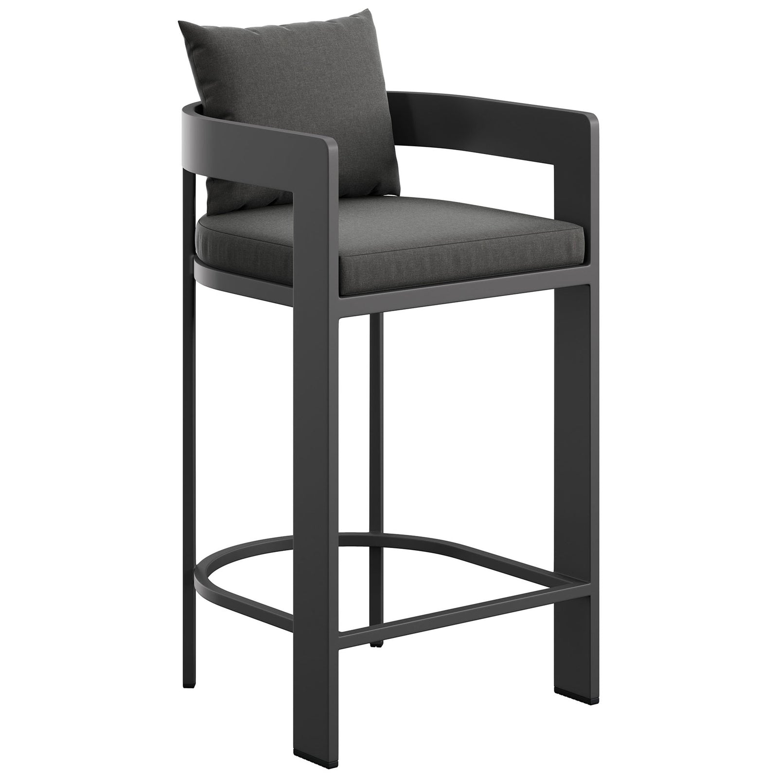Curved arms and charcoal cushions give this outdoor bar chair a smooth, contemporary look. || EEI-7595-CHA || front_angle_studio