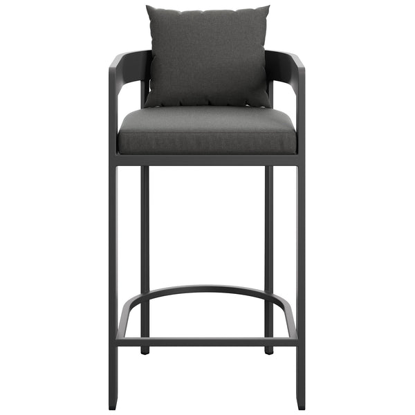 Charcoal aluminum bar chair with barrel back, thick cushions, and wraparound footrest for elevated outdoor bars. || EEI-7595-CHA || front_studio