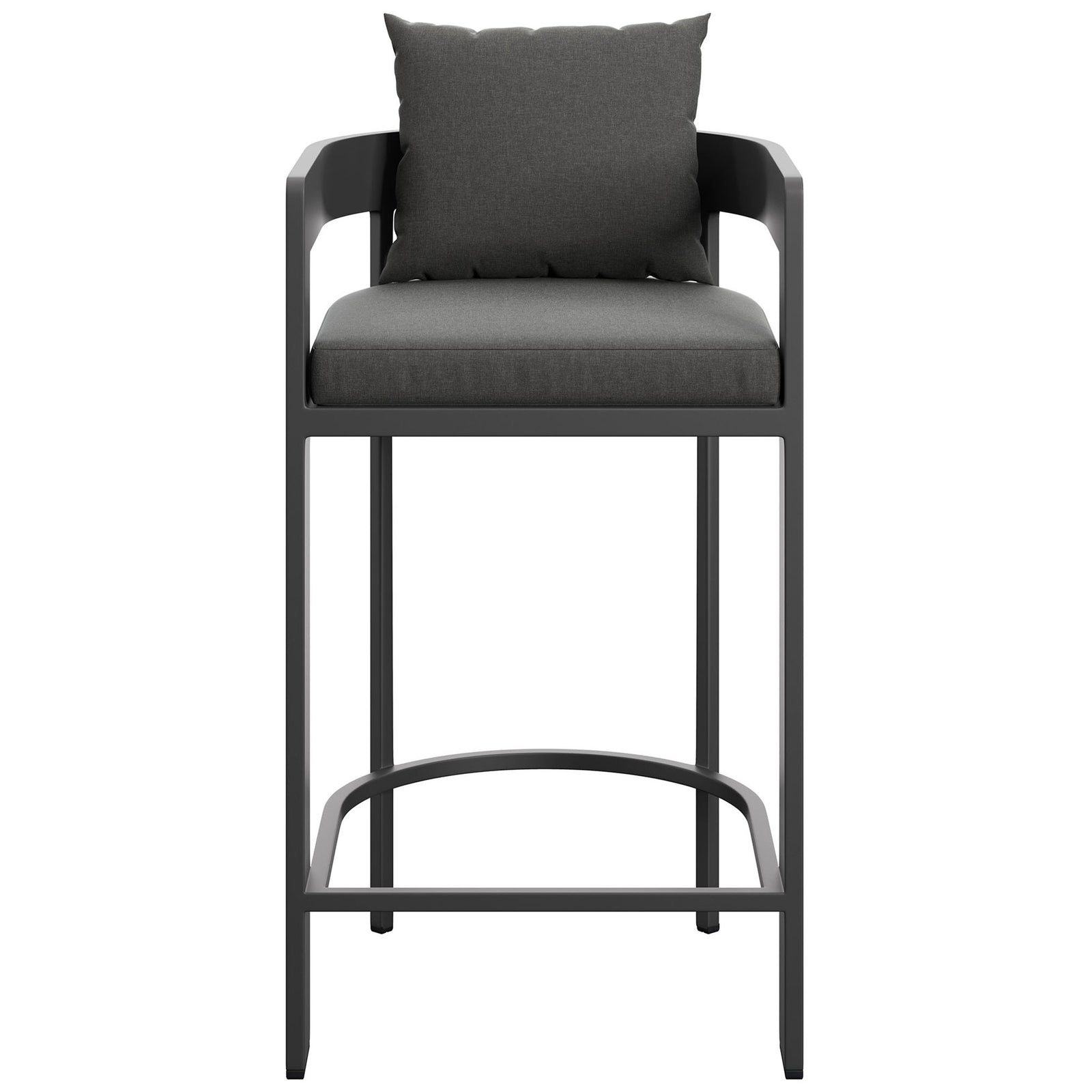 Charcoal aluminum bar chair with barrel back, thick cushions, and wraparound footrest for elevated outdoor bars. || EEI-7595-CHA || front_studio