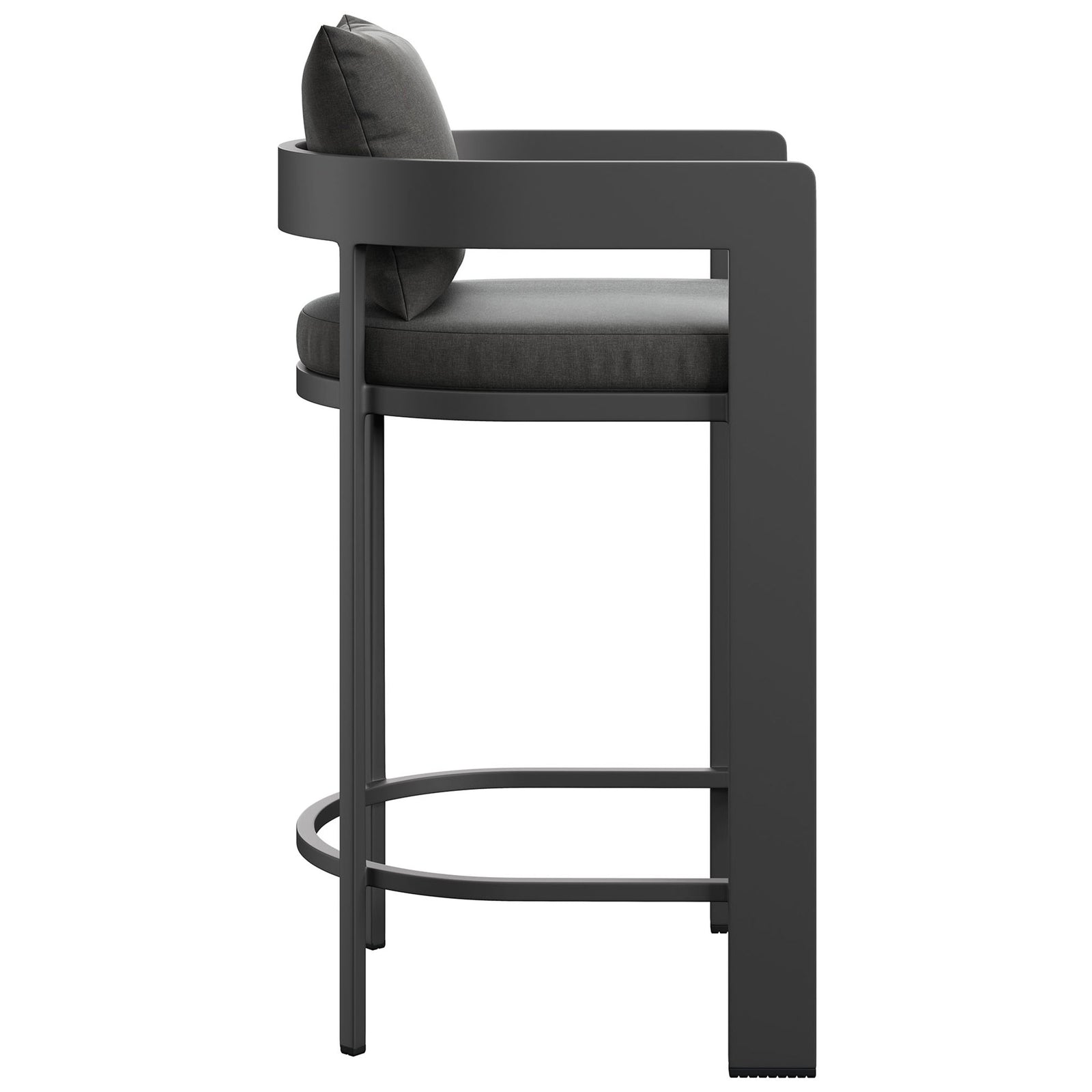 Tahoe bar chair features slender legs, integrated footrest, and supportive charcoal seat cushion. || EEI-7595-CHA || side_studio