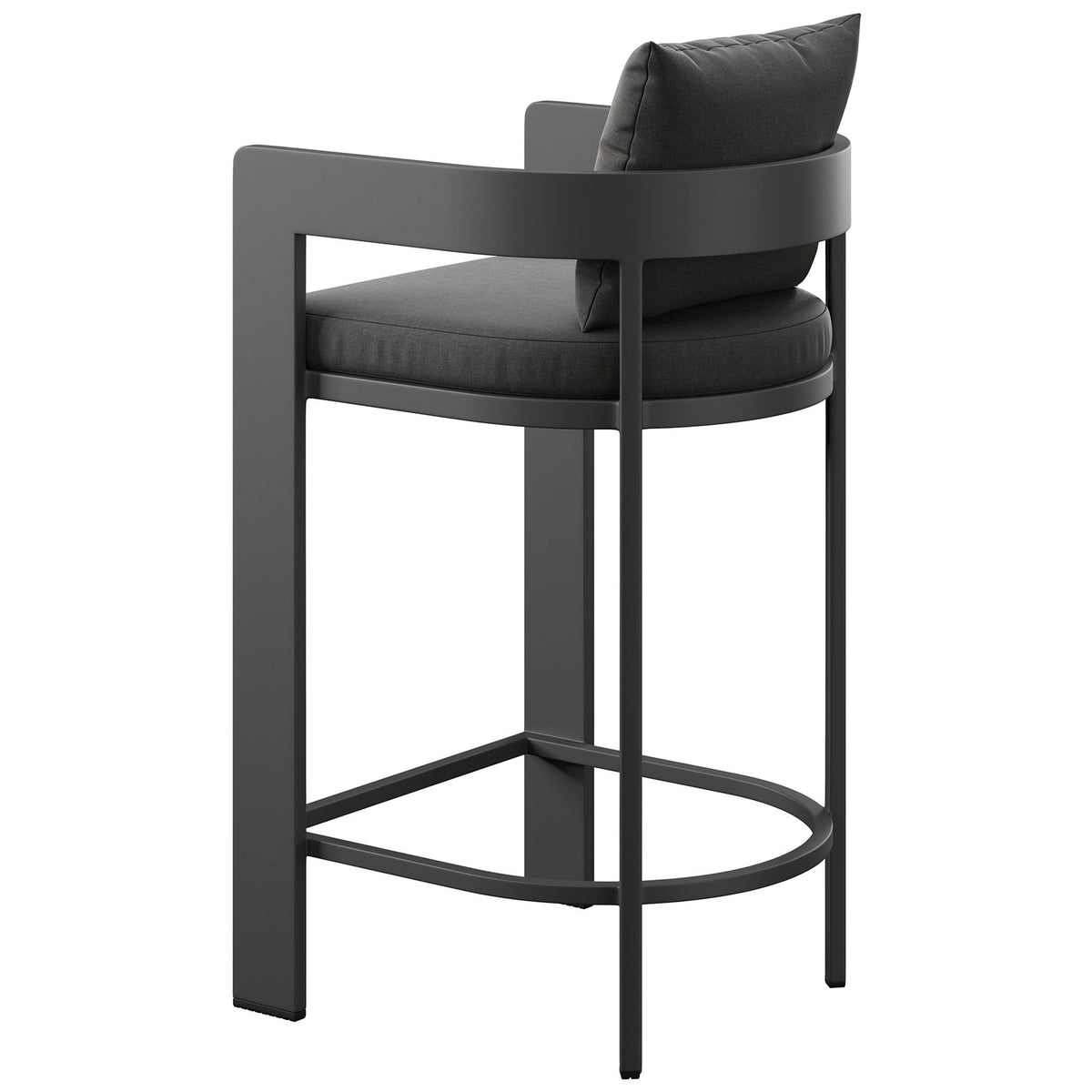 Wraparound barrel back and sturdy frame define the sculptural rear silhouette of this charcoal bar chair. || EEI-7595-CHA || back_angle_studio