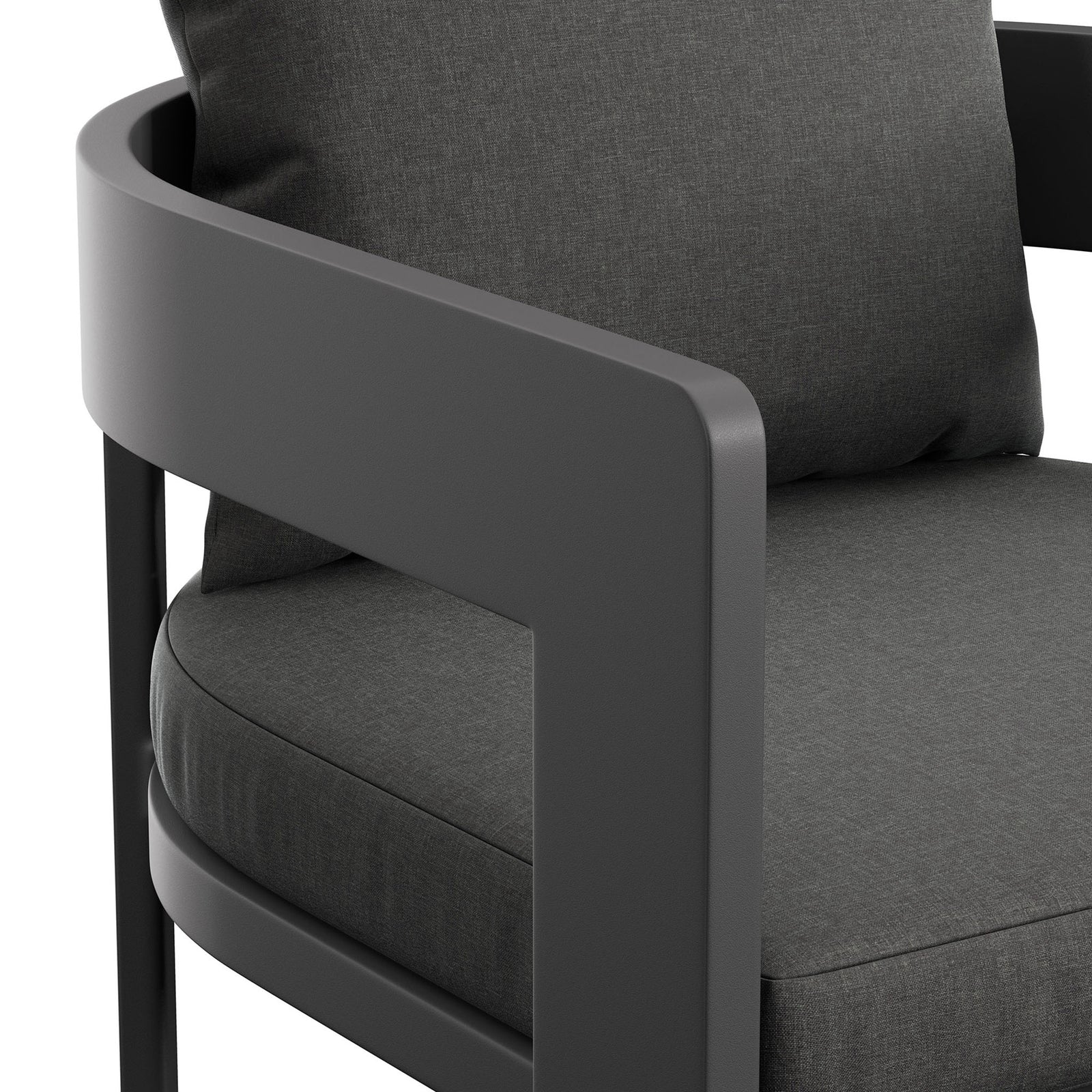 Smooth aluminum arm and neatly tailored charcoal cushions emphasize the comfort of this Tahoe bar chair. || EEI-7595-CHA || detail_studio