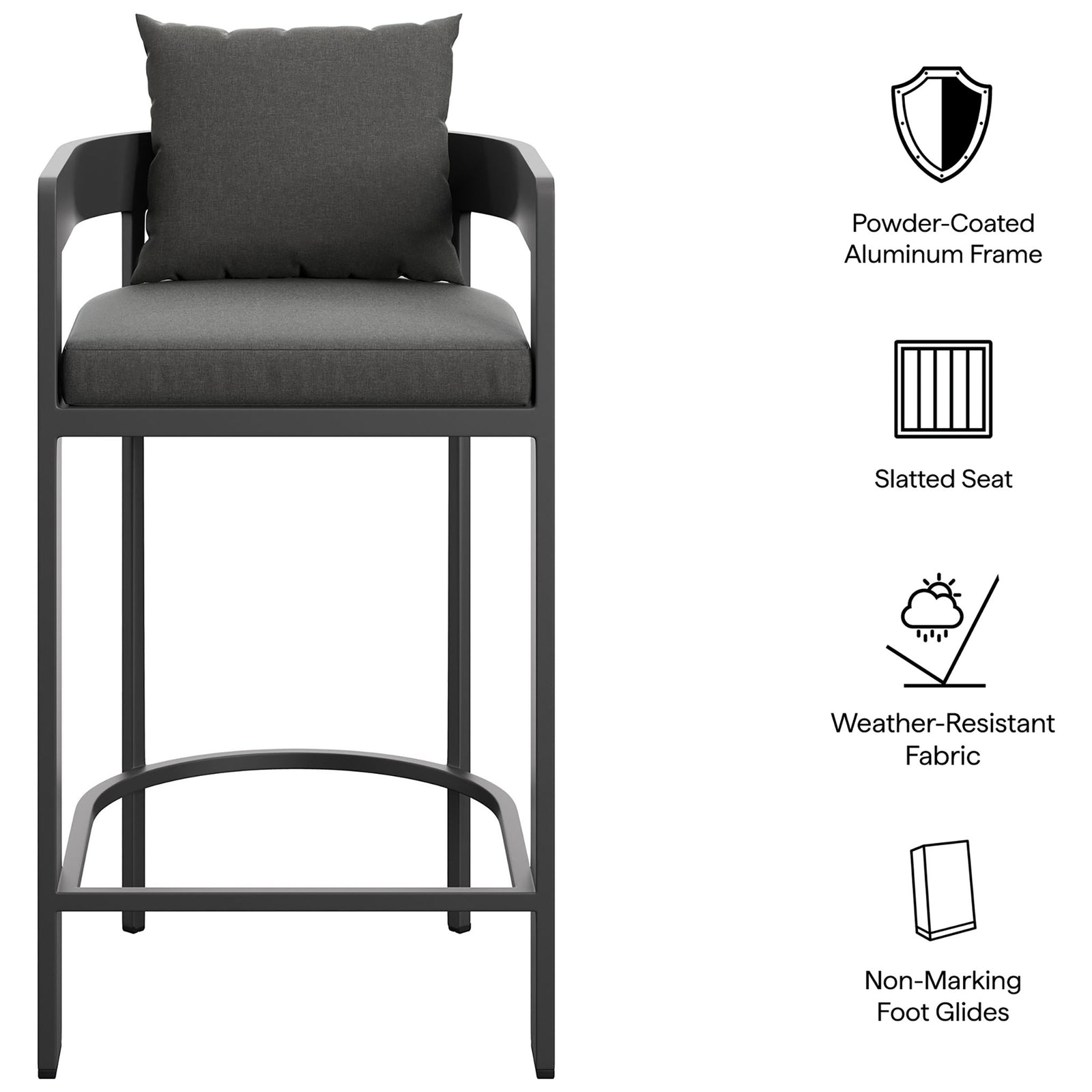 Feature graphic for the Tahoe bar chair with powder-coated frame, slatted seat, and weather-resistant fabric. || EEI-7595-CHA || callout_studio
