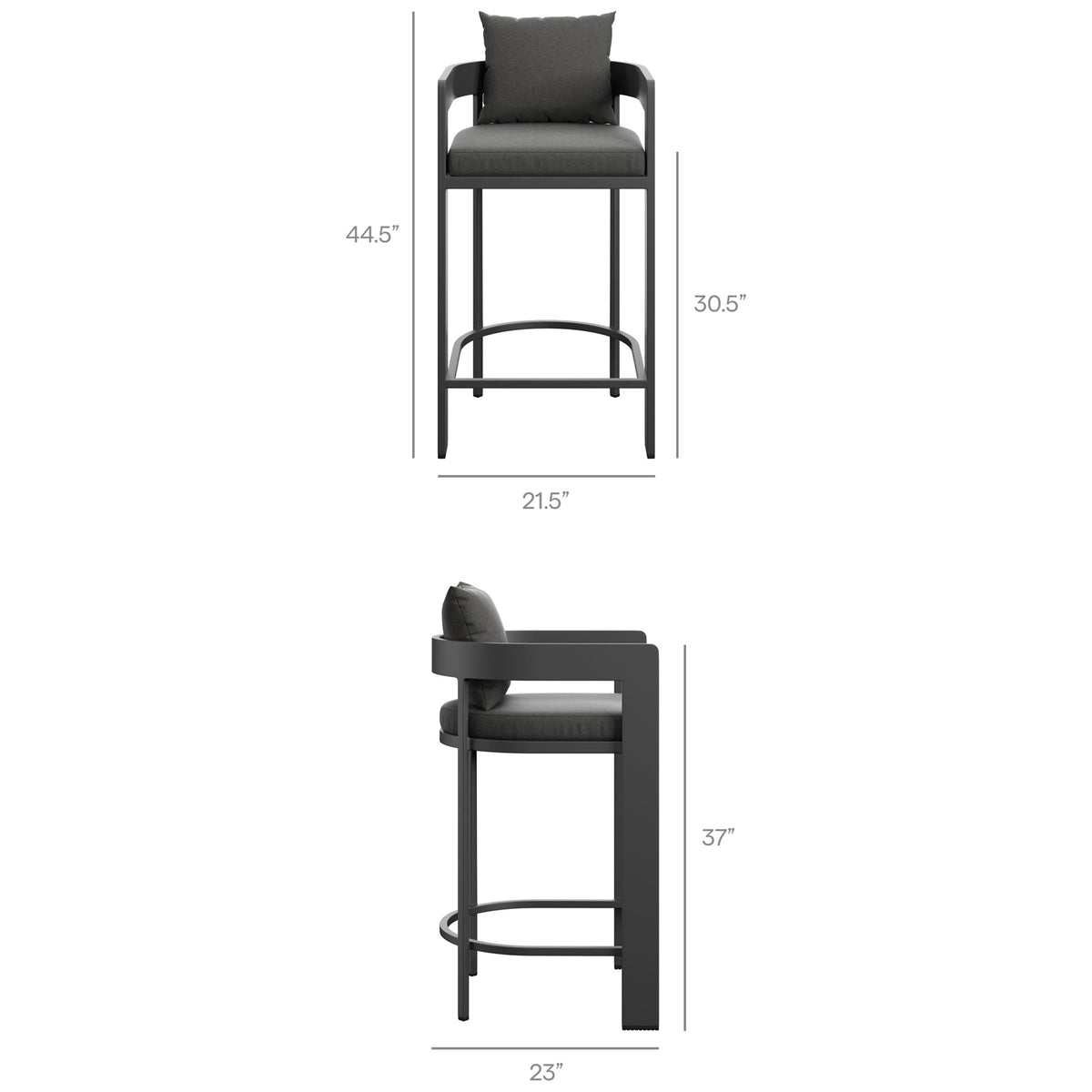 Dimension diagram of the Tahoe bar chair showing 44.5 inch height, 21.5 inch width, and 30.5 inch seat height. || EEI-7595-CHA || dimension_studio