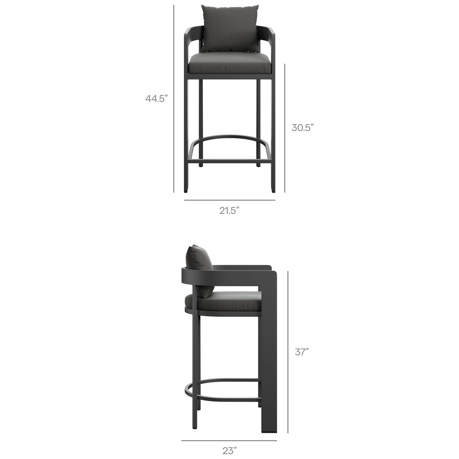Dimension diagram of the Tahoe bar chair showing 44.5 inch height, 21.5 inch width, and 30.5 inch seat height. || EEI-7595-CHA || dimension_studio