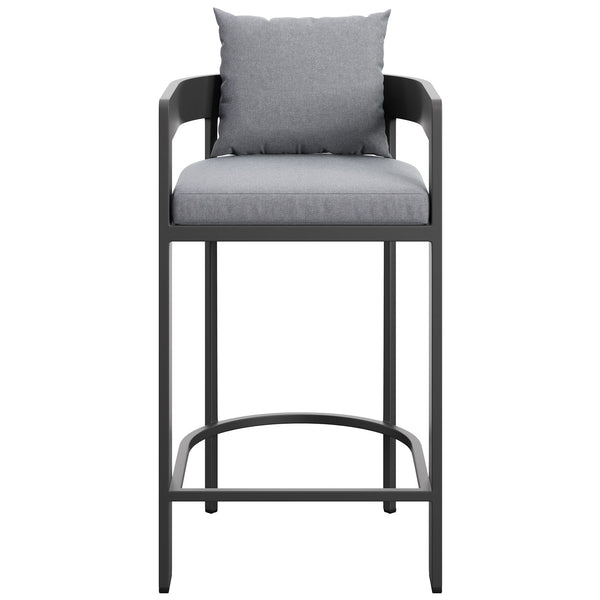 Gray cushioned aluminum bar chair with barrel back, thick seat, and wraparound footrest for elevated patios. || EEI-7595-GRY || front_studio