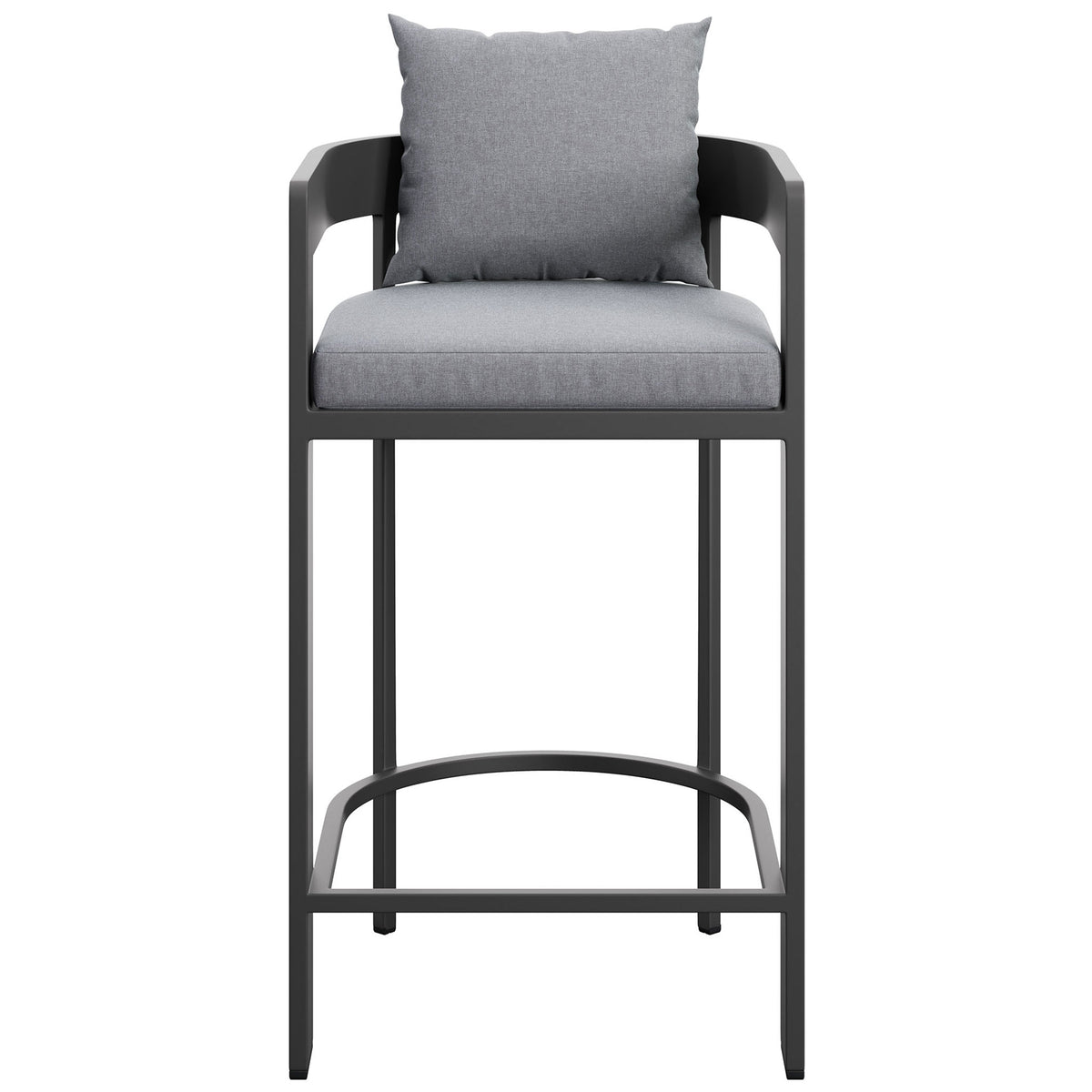 Gray cushioned aluminum bar chair with barrel back, thick seat, and wraparound footrest for elevated patios. || EEI-7595-GRY || front_studio