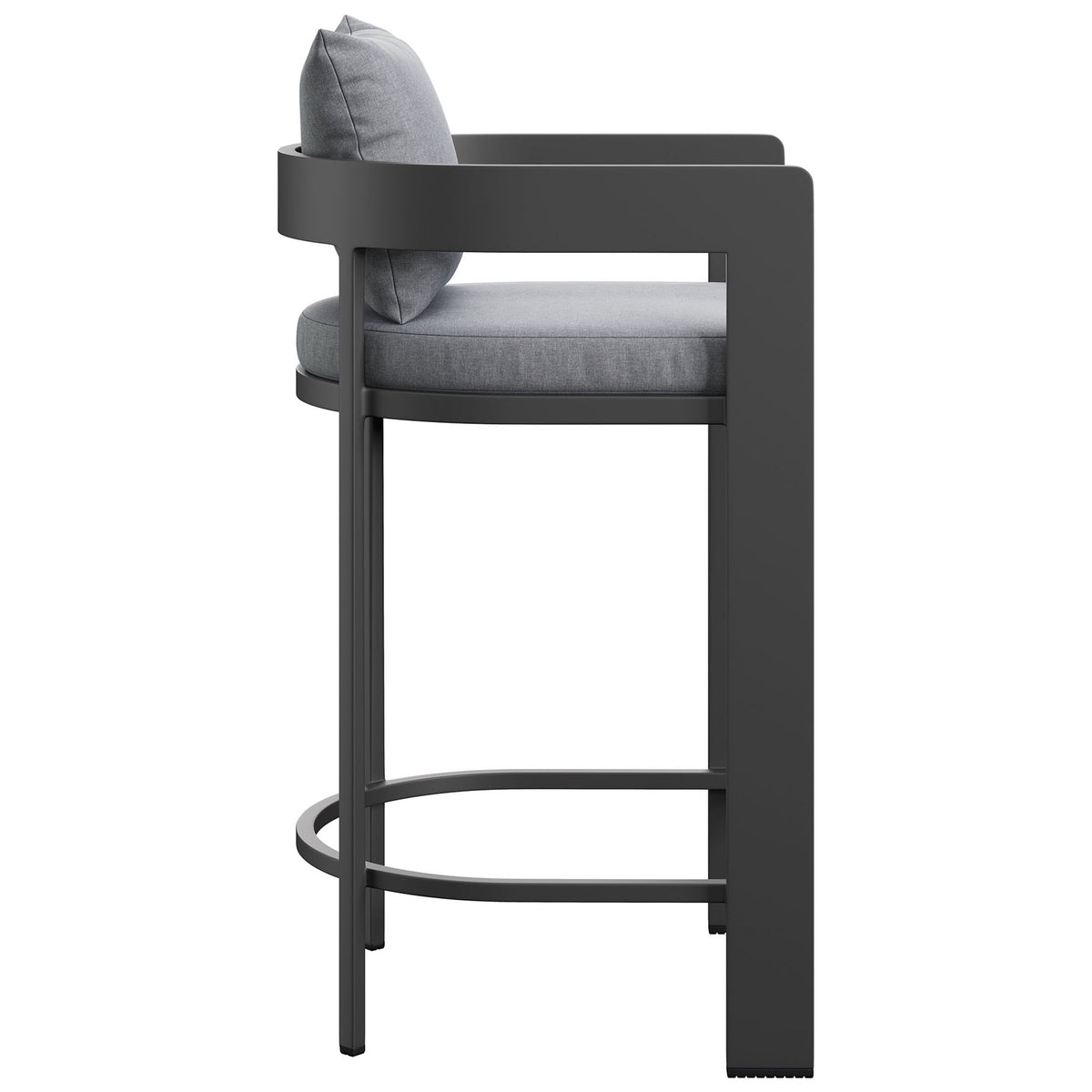 Tahoe bar chair features slender legs, integrated footrest, and supportive gray seat cushion. || EEI-7595-GRY || side_studio
