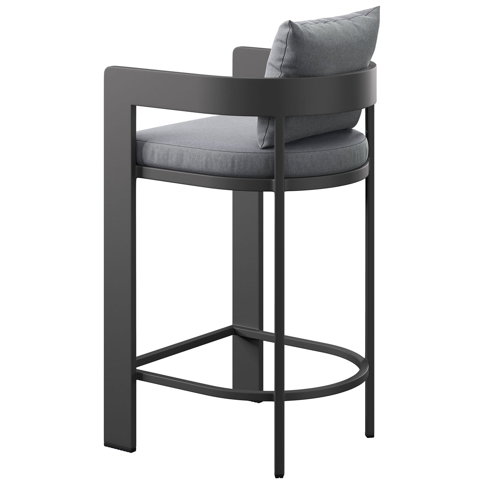 Wraparound barrel back and sturdy frame define the sculptural silhouette of this gray bar chair. || EEI-7595-GRY || back_angle_studio