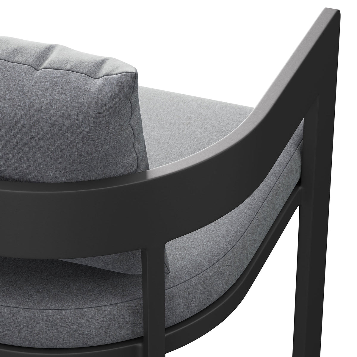 Dark aluminum arm and tailored gray cushions showcase the comfortable seating of the Tahoe bar chair. || EEI-7595-GRY || detail_studio